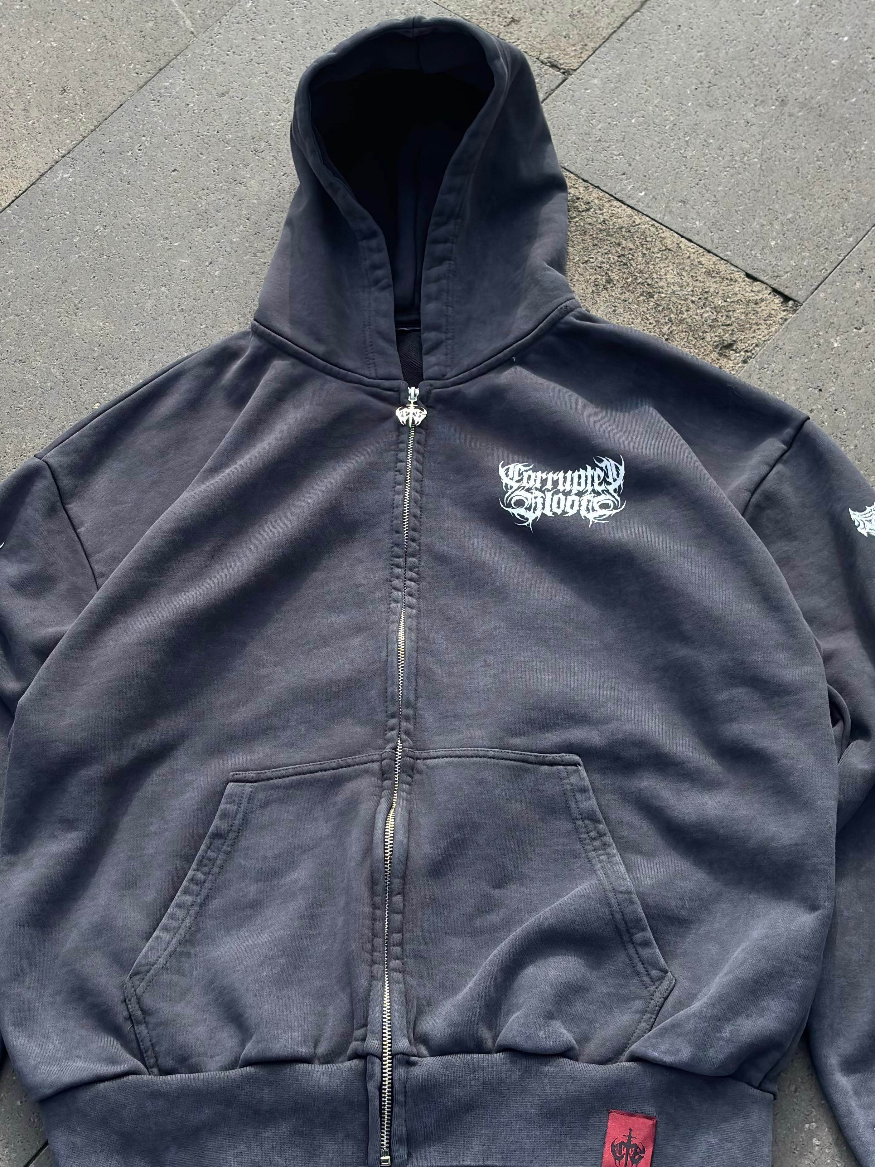Premium Yıkamalı SkeletonSkull Zipper Oversized Hoodie