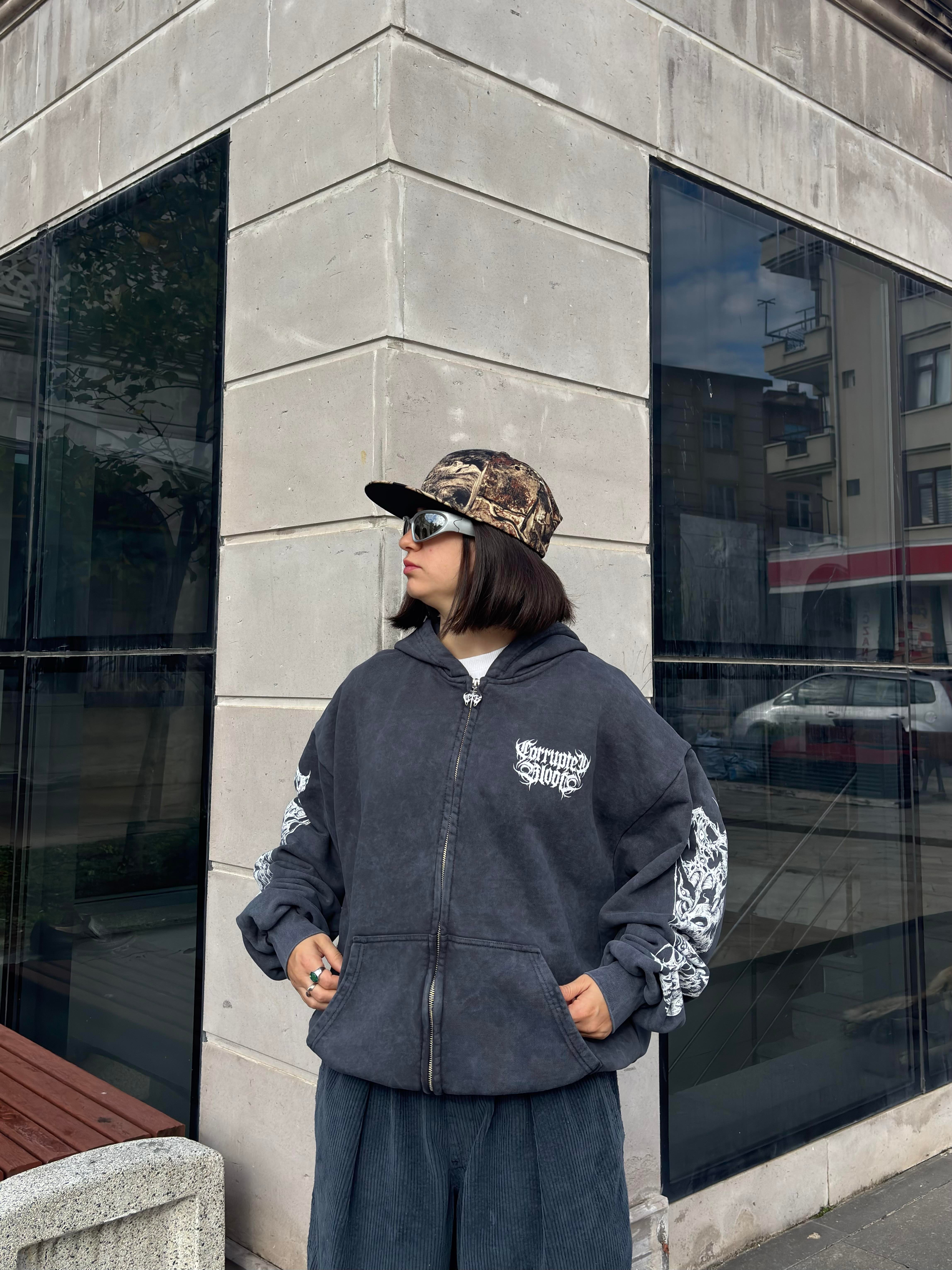 Premium Yıkamalı SkeletonSkull Zipper Oversized Hoodie