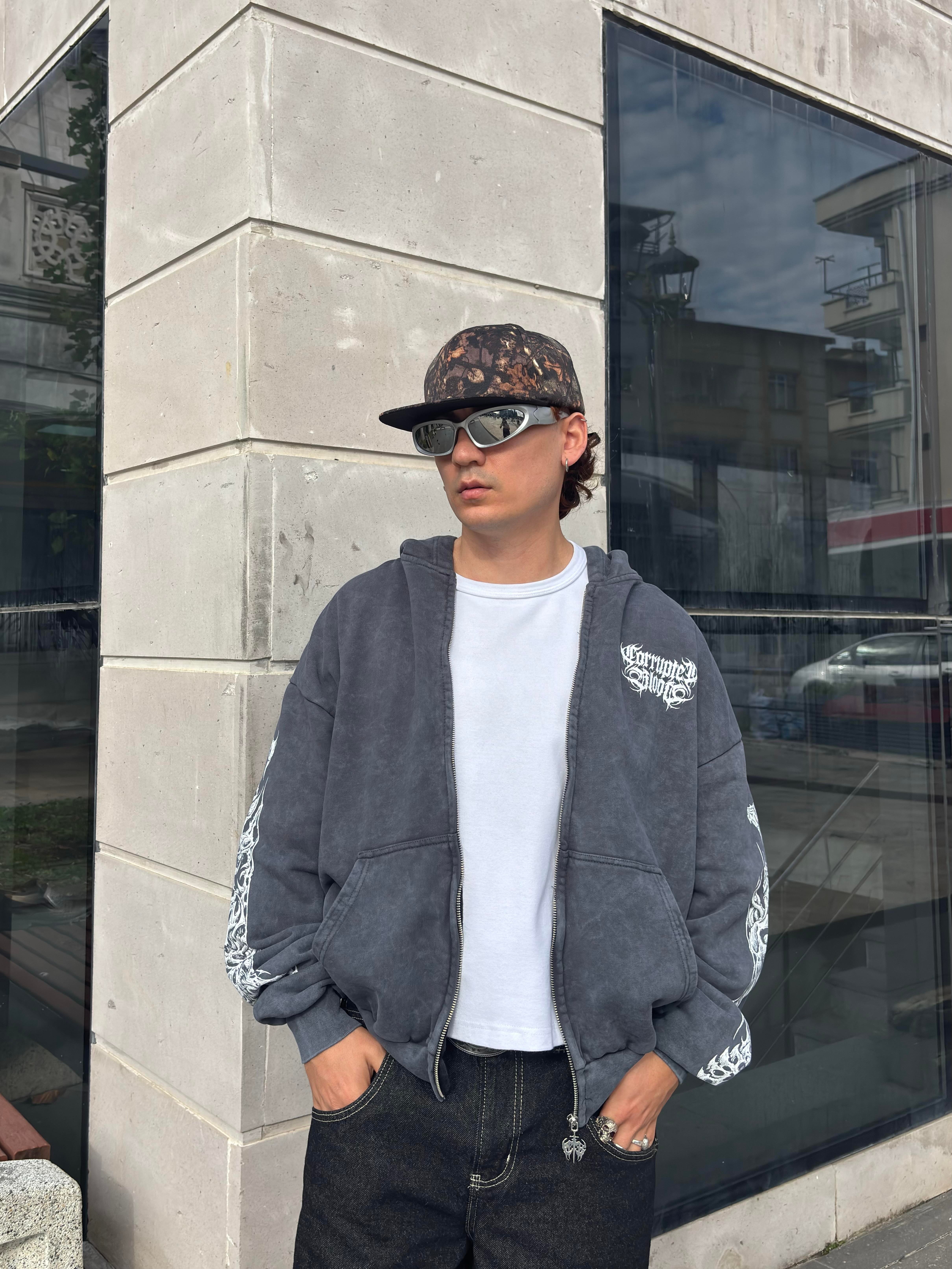 Premium Yıkamalı SkeletonSkull Zipper Oversized Hoodie