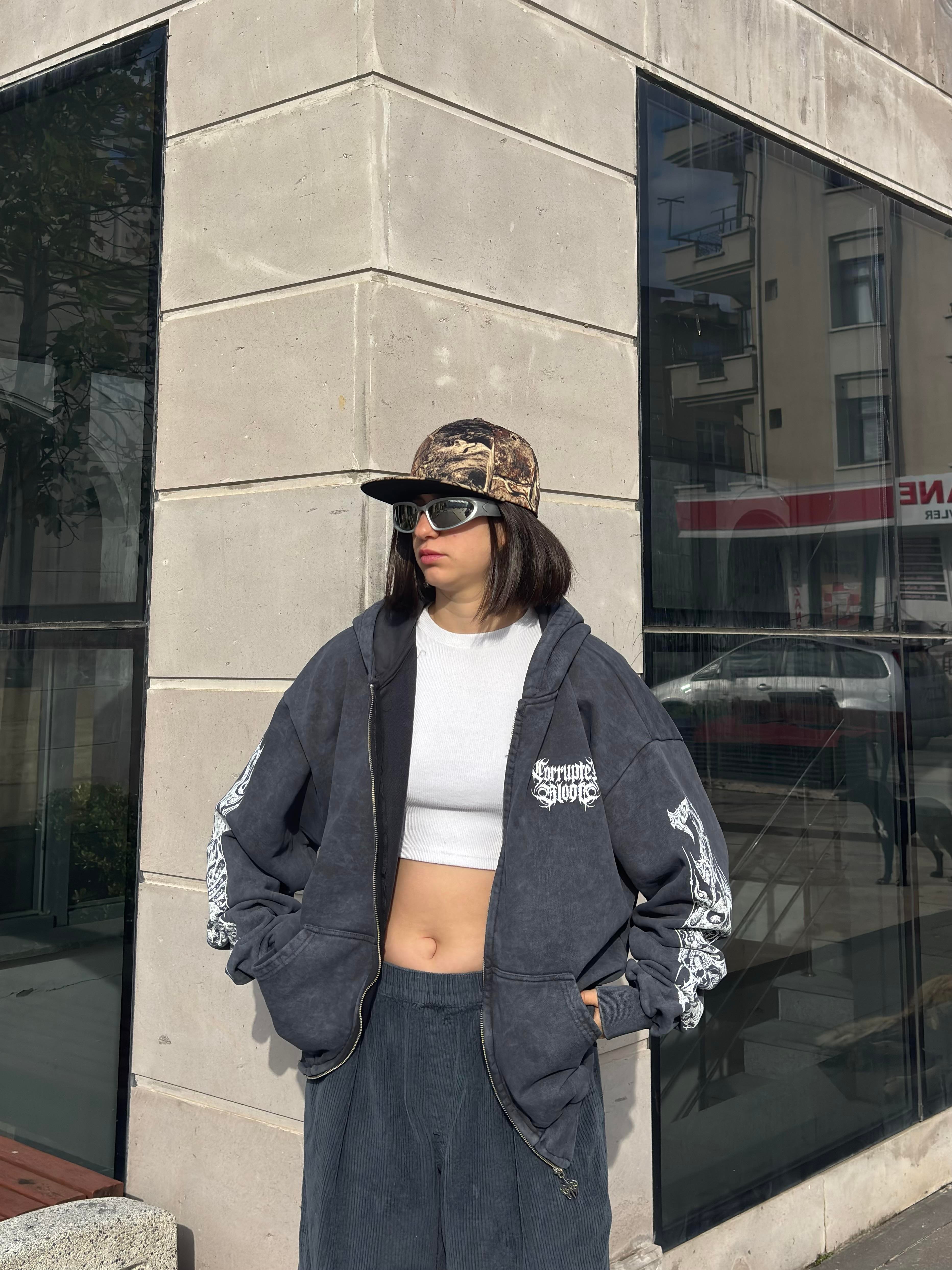 Premium Yıkamalı SkeletonSkull Zipper Oversized Hoodie
