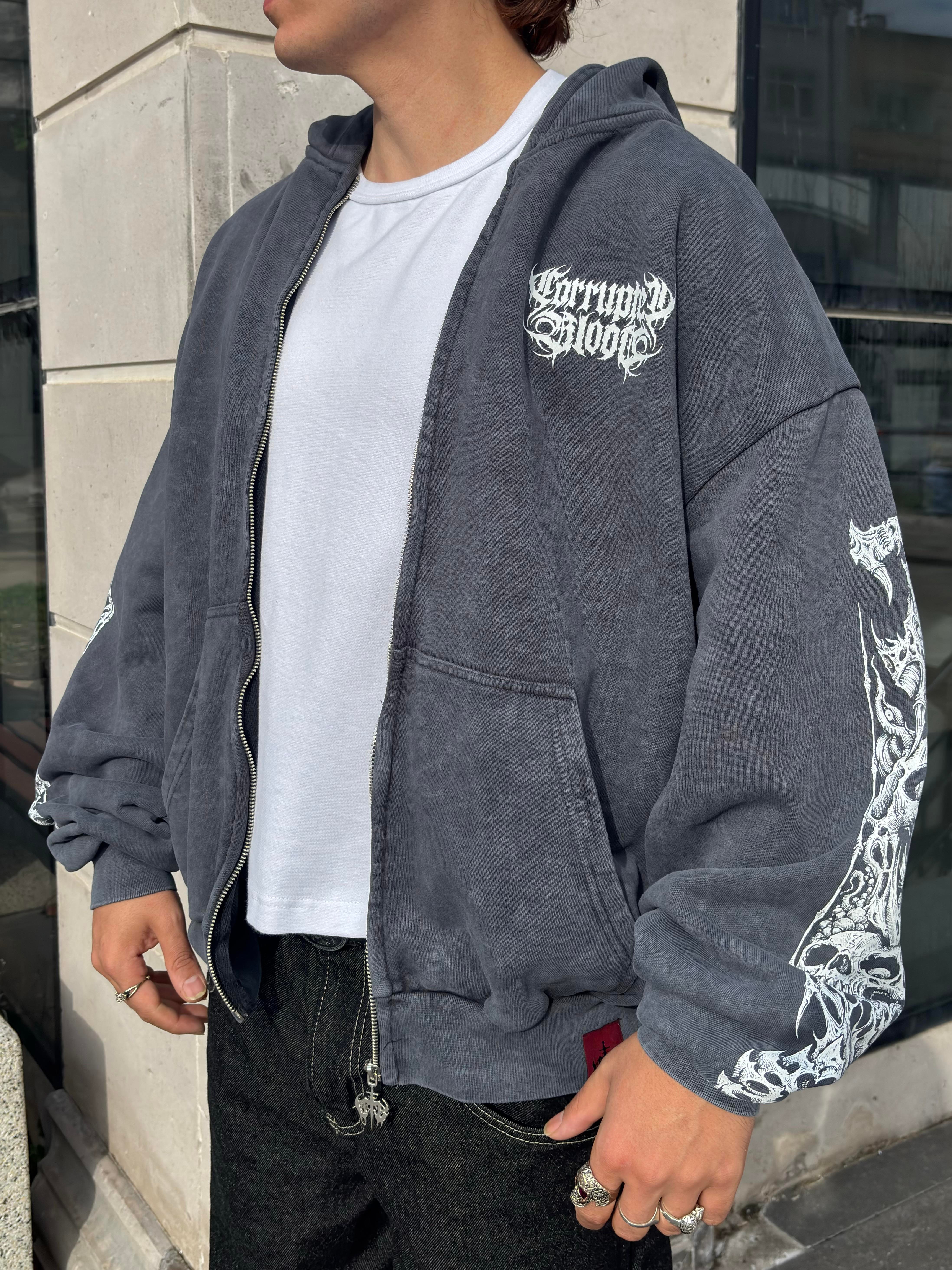 Premium Yıkamalı SkeletonSkull Zipper Oversized Hoodie