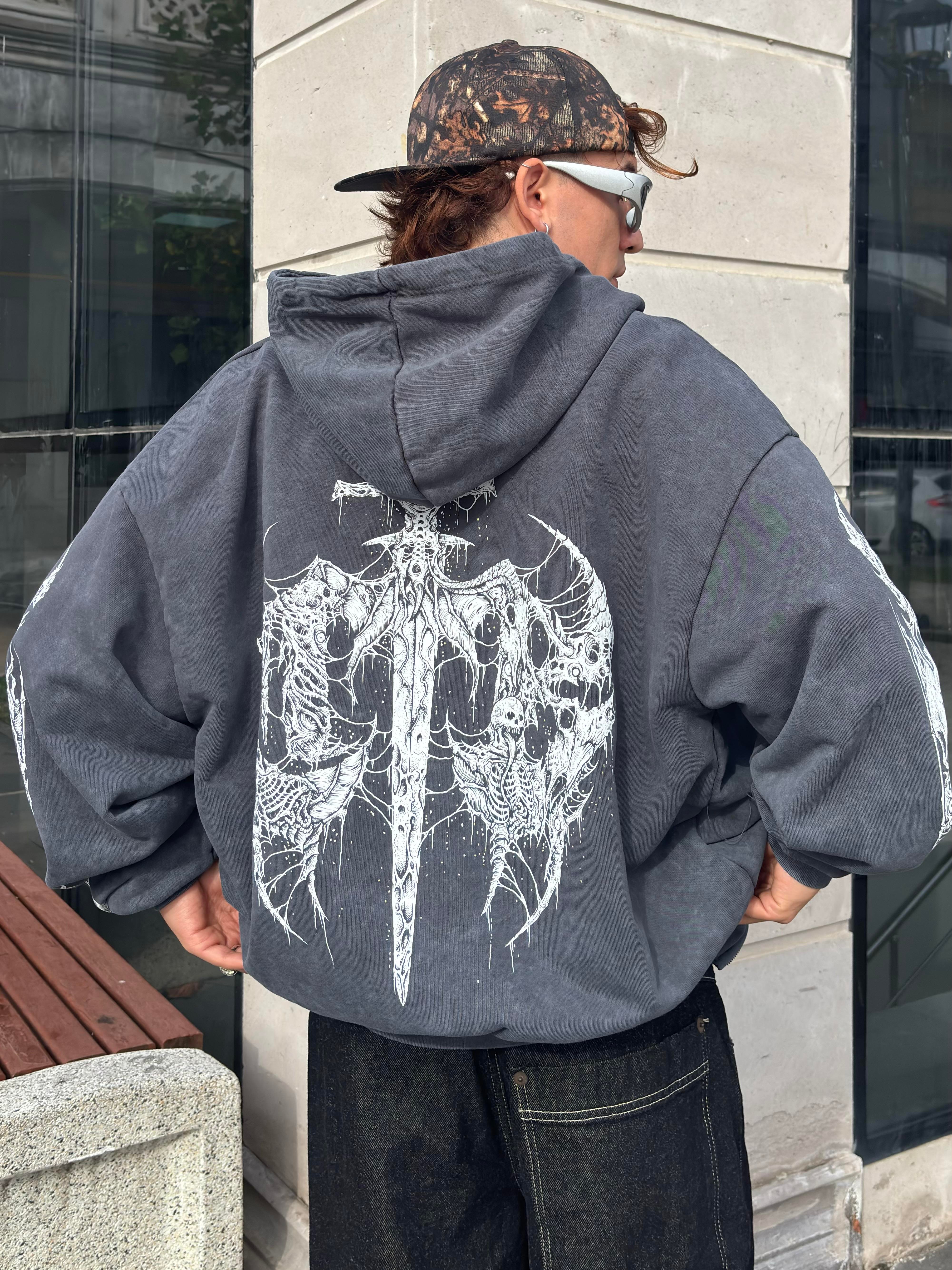 Premium Yıkamalı SkeletonSkull Zipper Oversized Hoodie