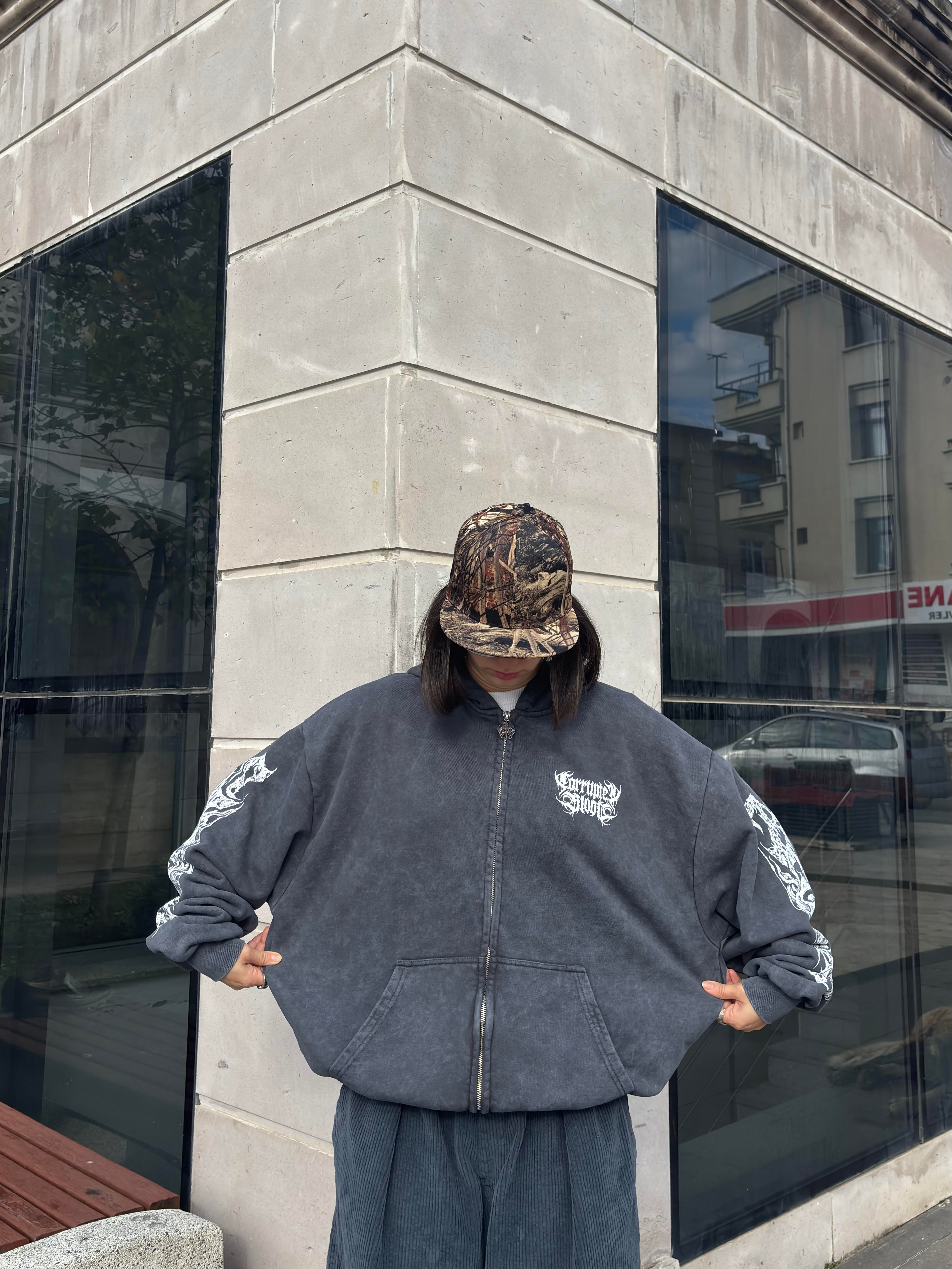 Premium Yıkamalı SkeletonSkull Zipper Oversized Hoodie