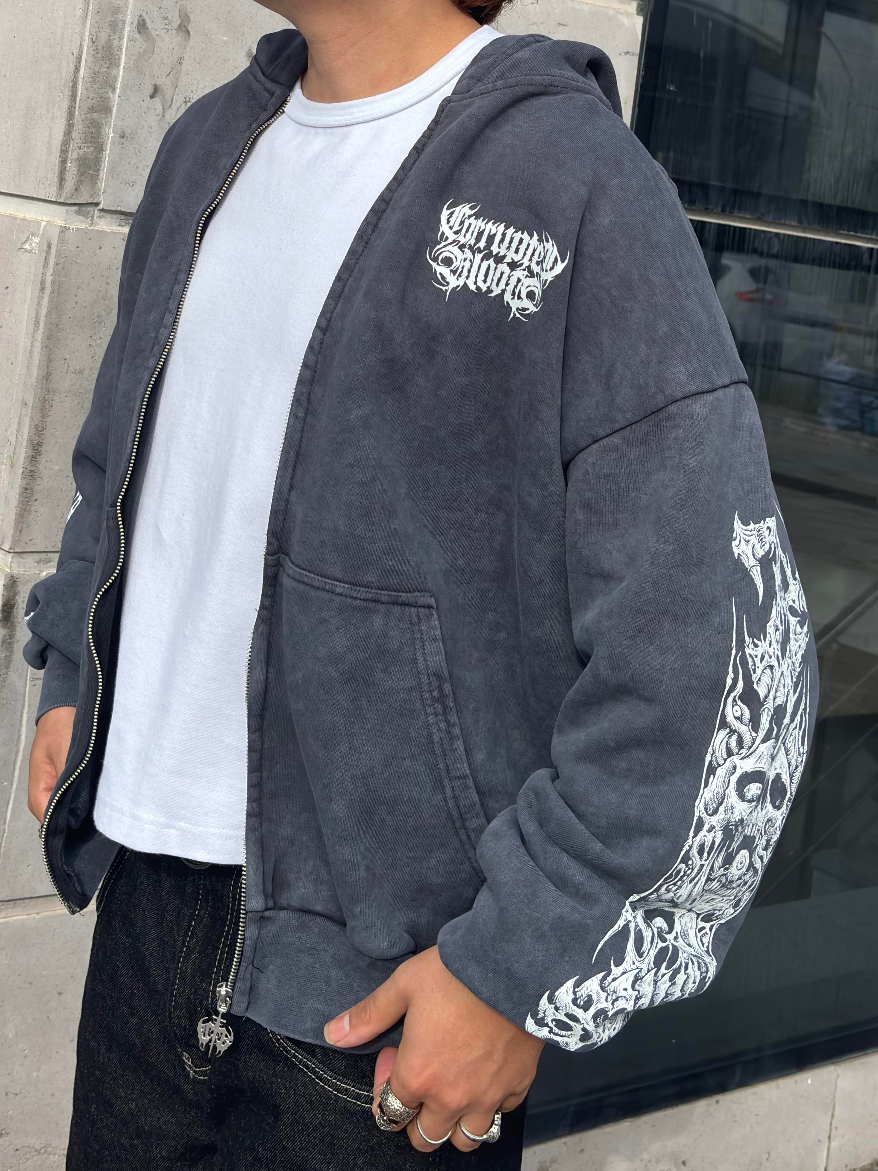 Premium Yıkamalı SkeletonSkull Zipper Oversized Hoodie