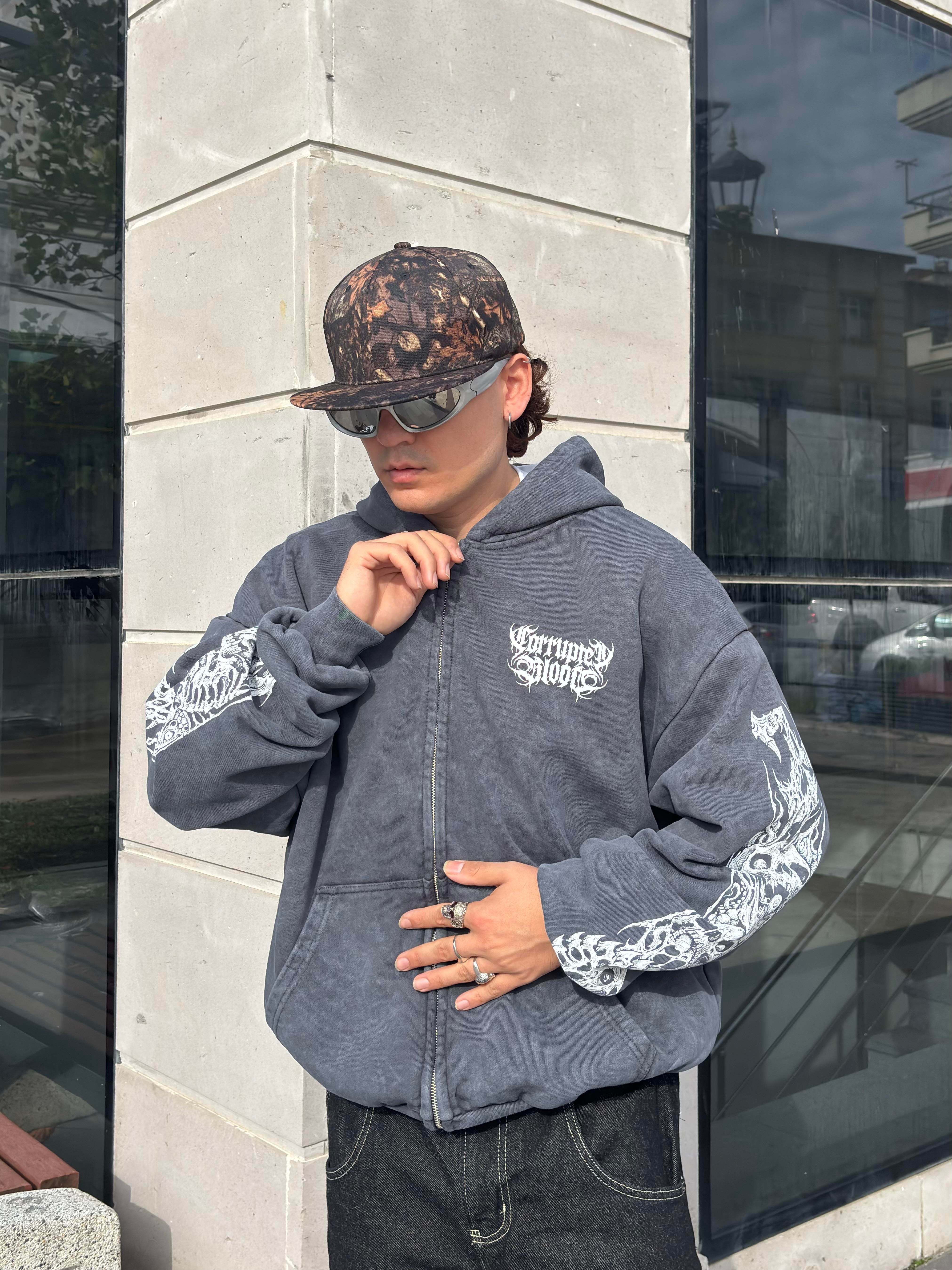 Premium Yıkamalı SkeletonSkull Zipper Oversized Hoodie