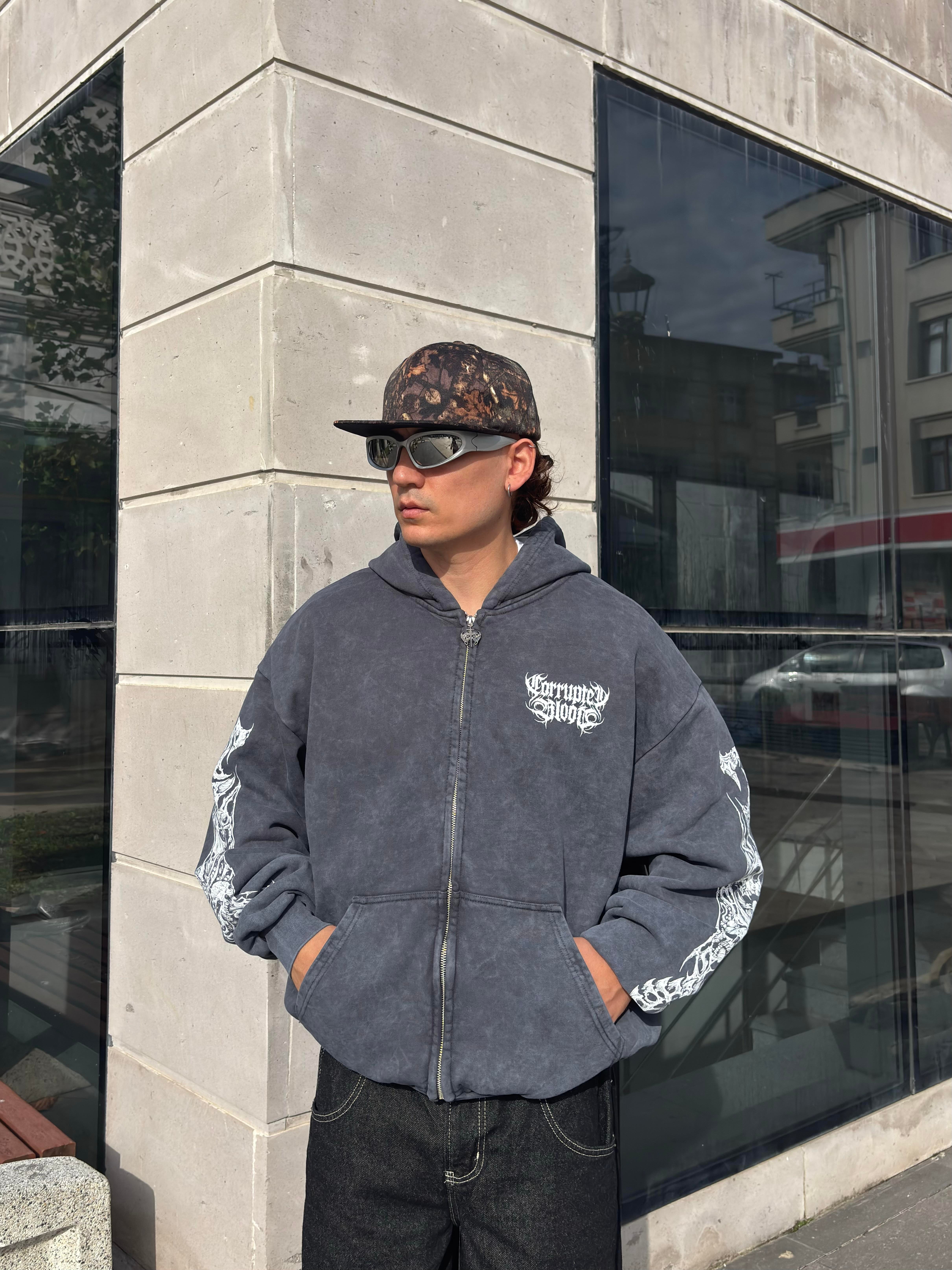 Premium Yıkamalı SkeletonSkull Zipper Oversized Hoodie