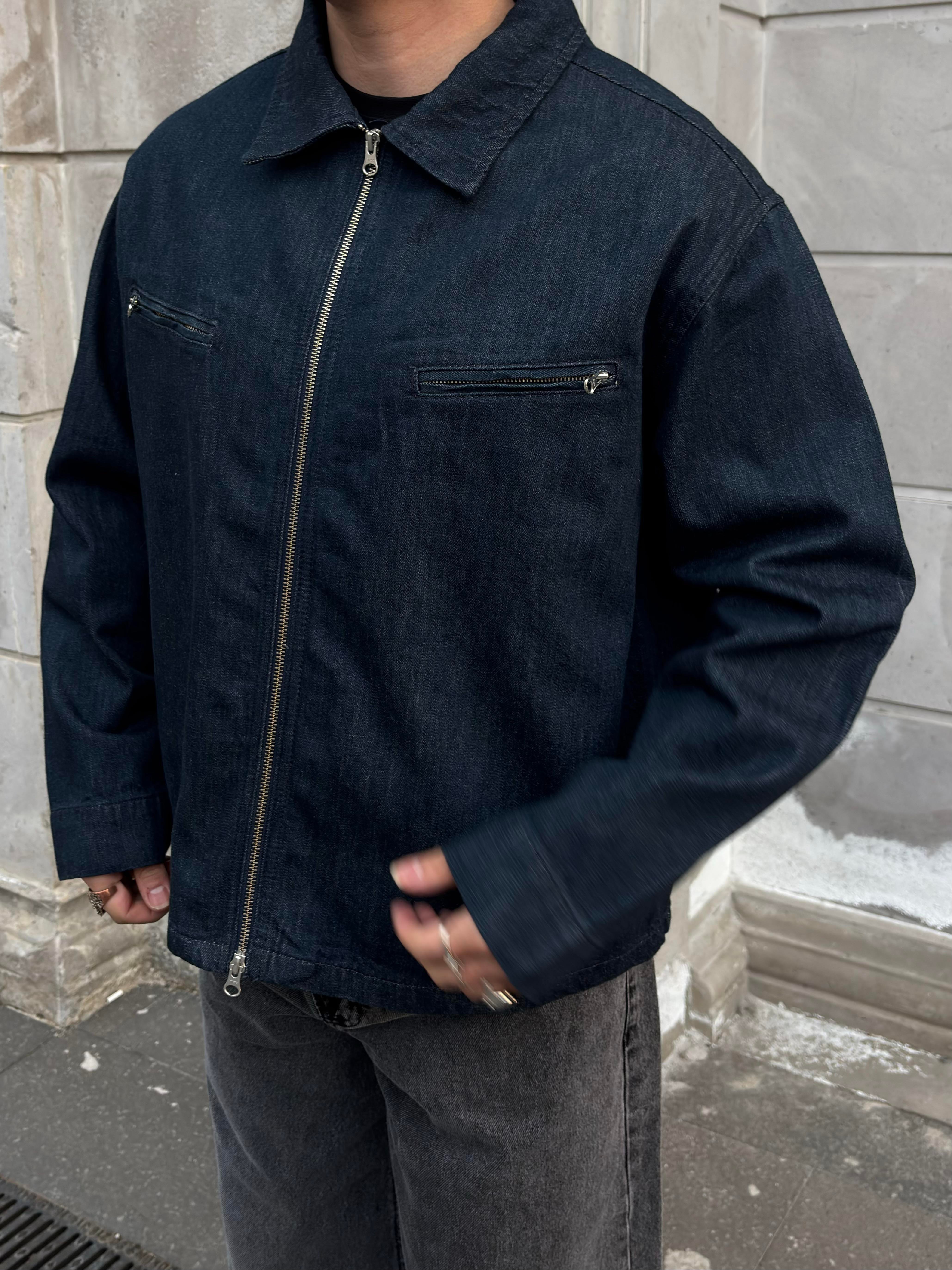 Relaxed Fit Zipper Pocket Rinse Denim Jacket