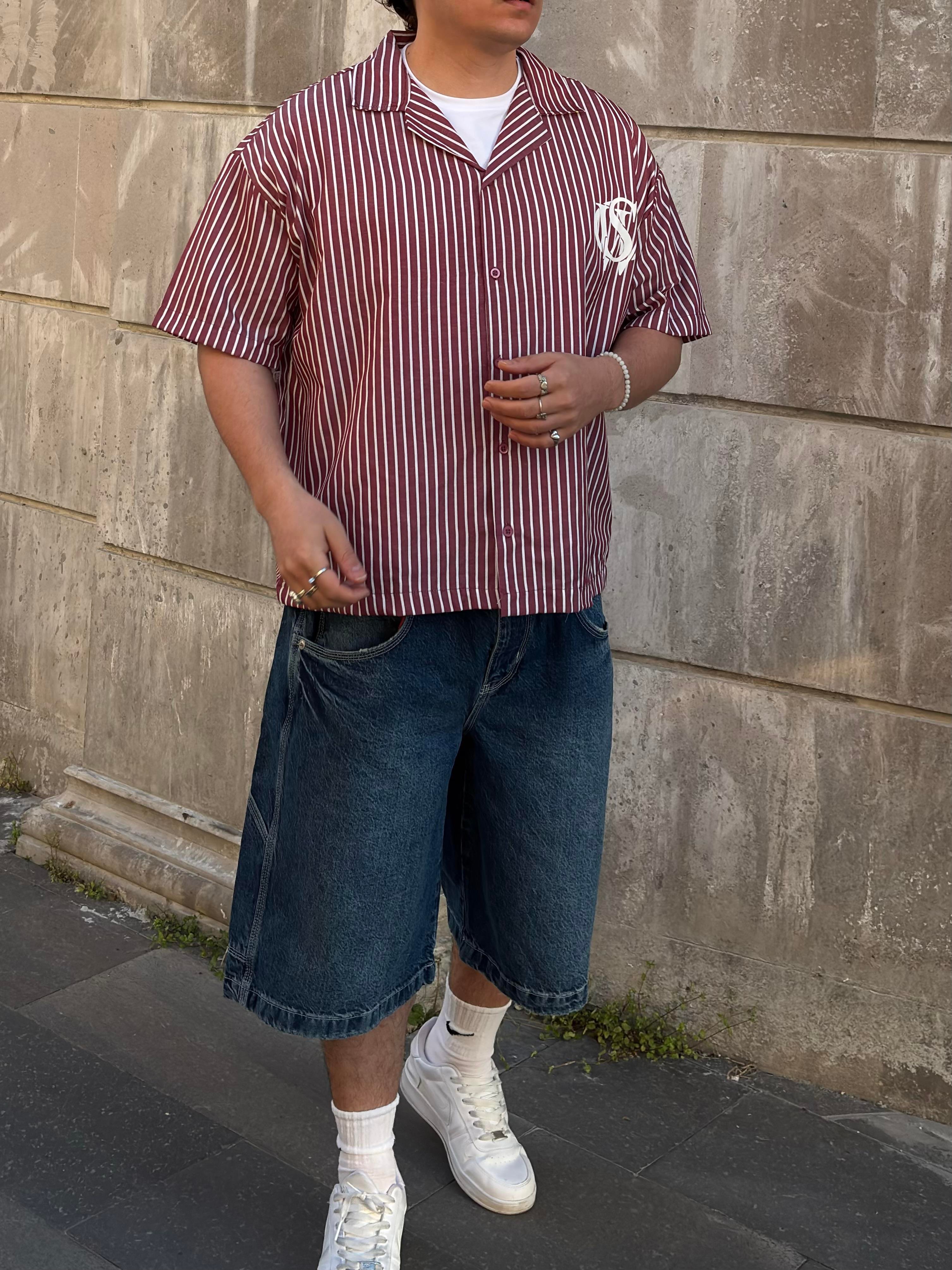 VSV Bordo Çizgili Oversize Gömlek