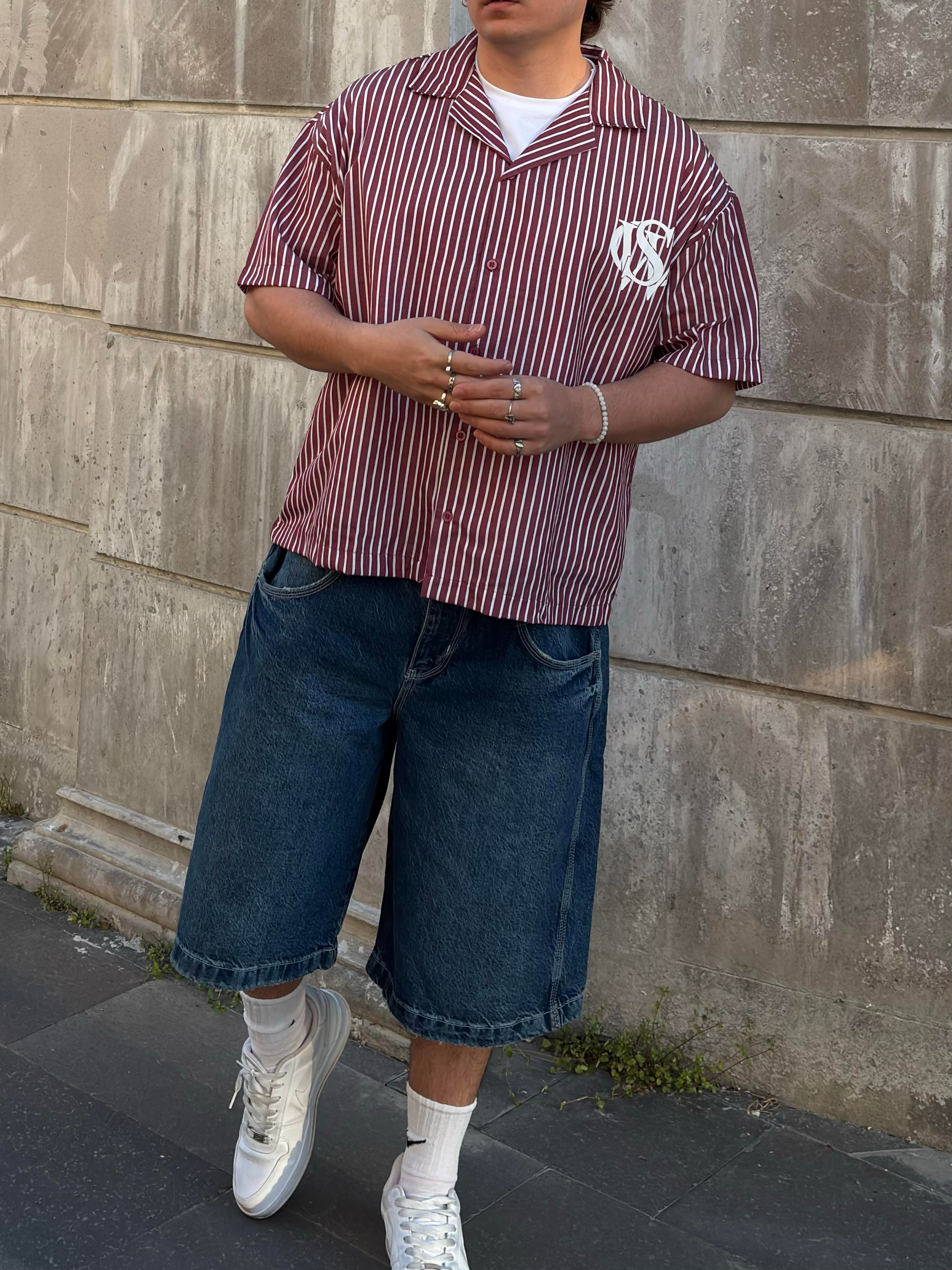 VSV Bordo Çizgili Oversize Gömlek