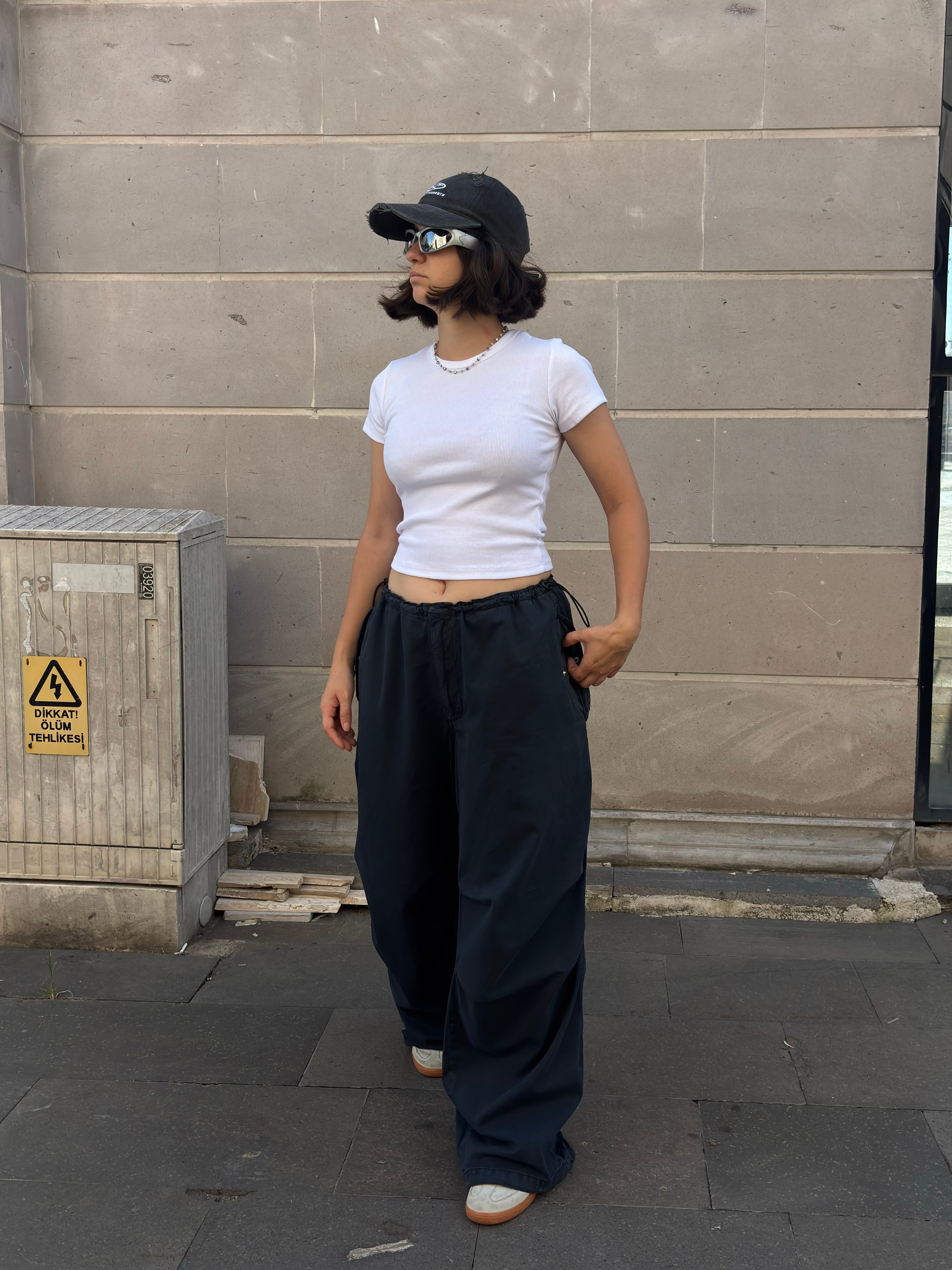Washed Black Baggy Tech Ayarlanabilir Pants