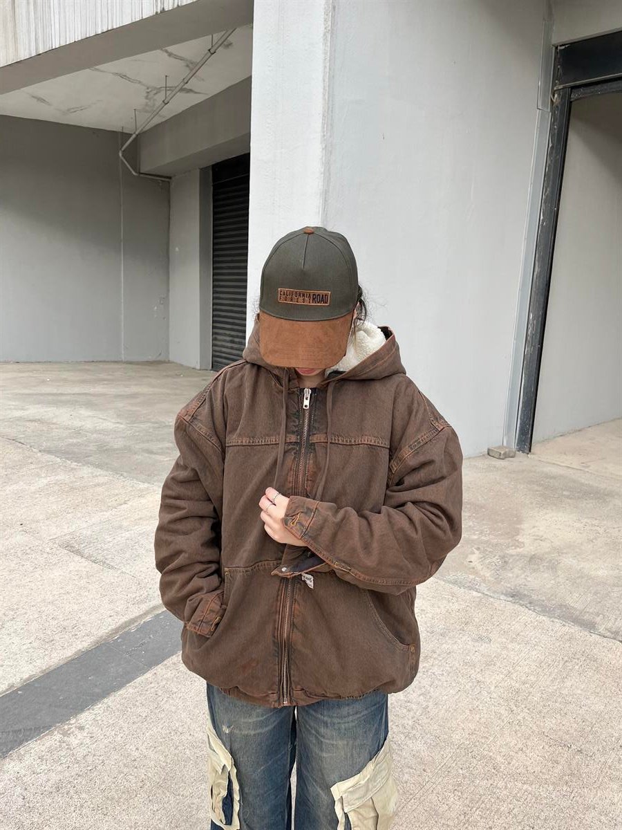 Washed Borg-Lined Canvas Zip-through Jacket