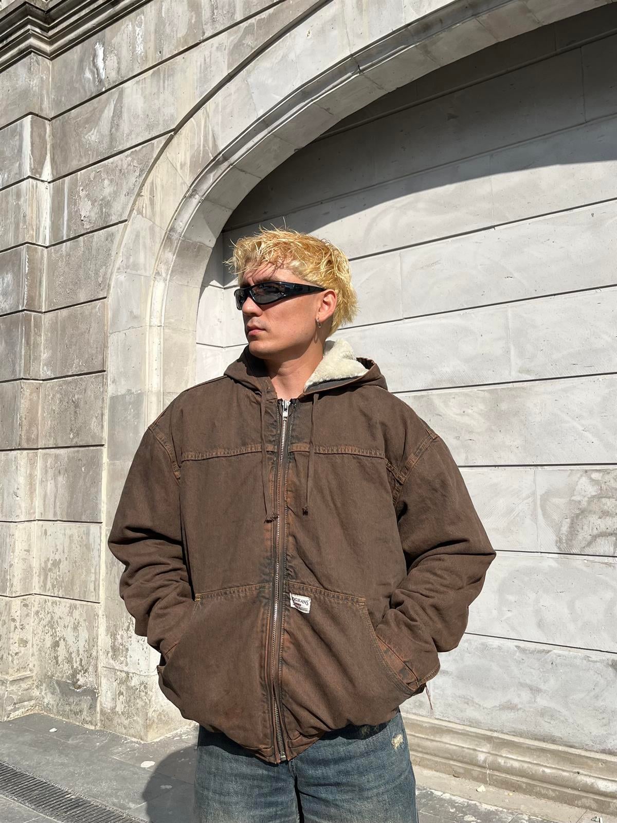Washed Borg-Lined Canvas Zip-through Jacket