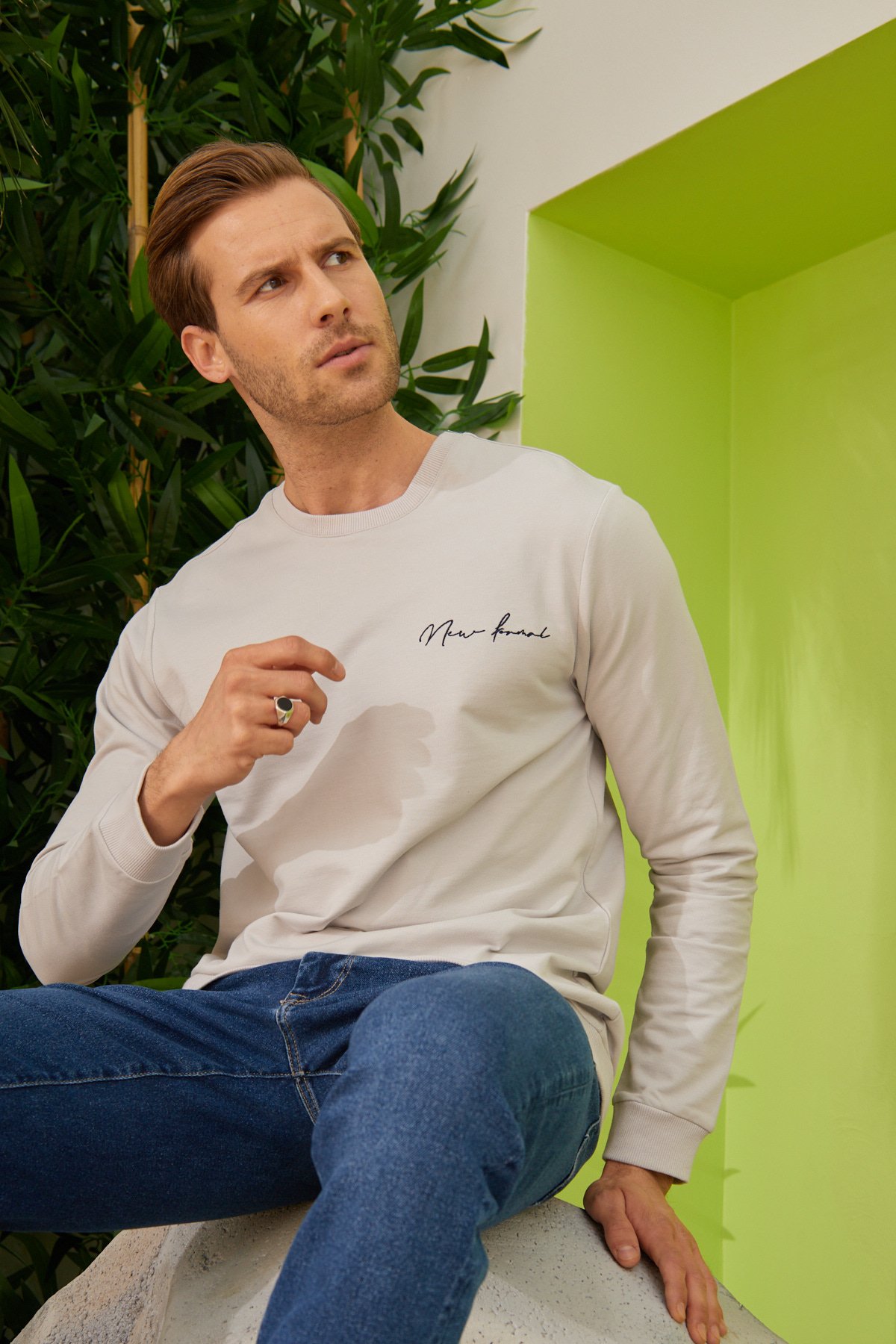 Erkek Basic Bisiklet Yaka Günlük Spor Sweatshirt Gri