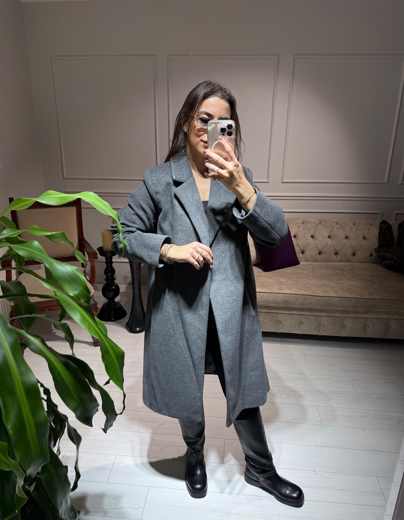 Fit Kalıp Kaşe Kaban Gri