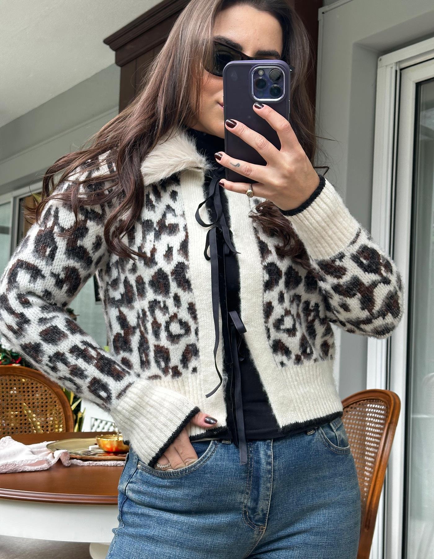 Kürk Detaylı Leopar Hırka