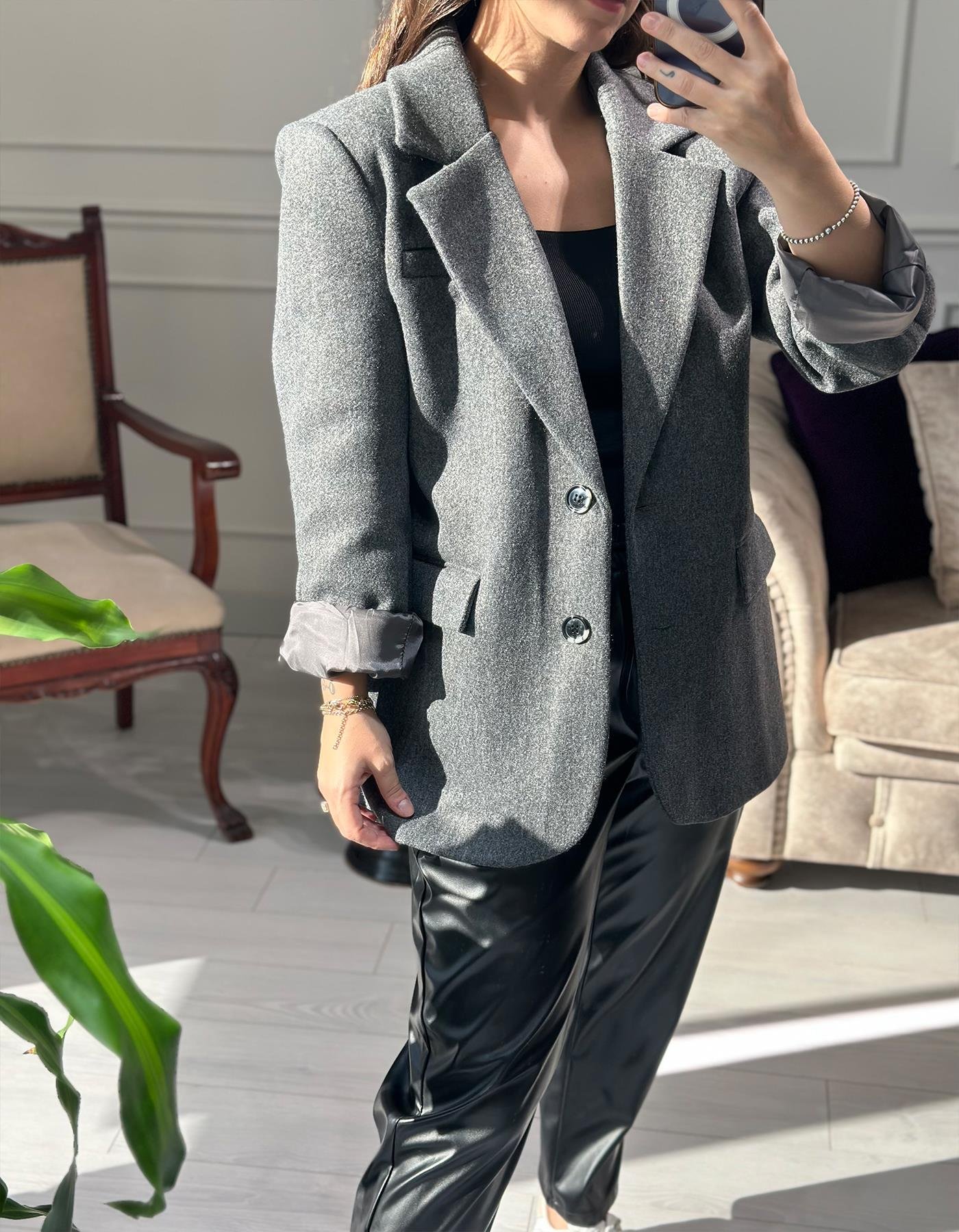 Oversize Kaşe Blazer Gri