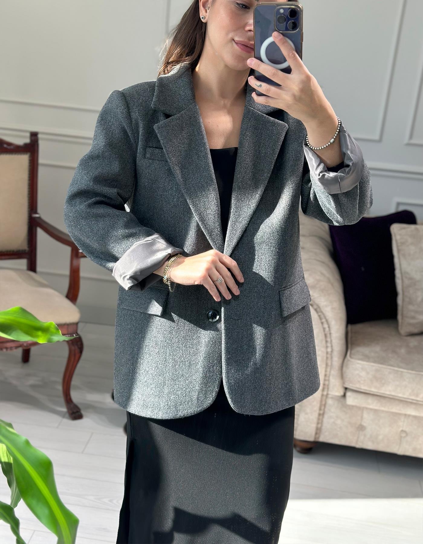 Oversize Kaşe Blazer Gri