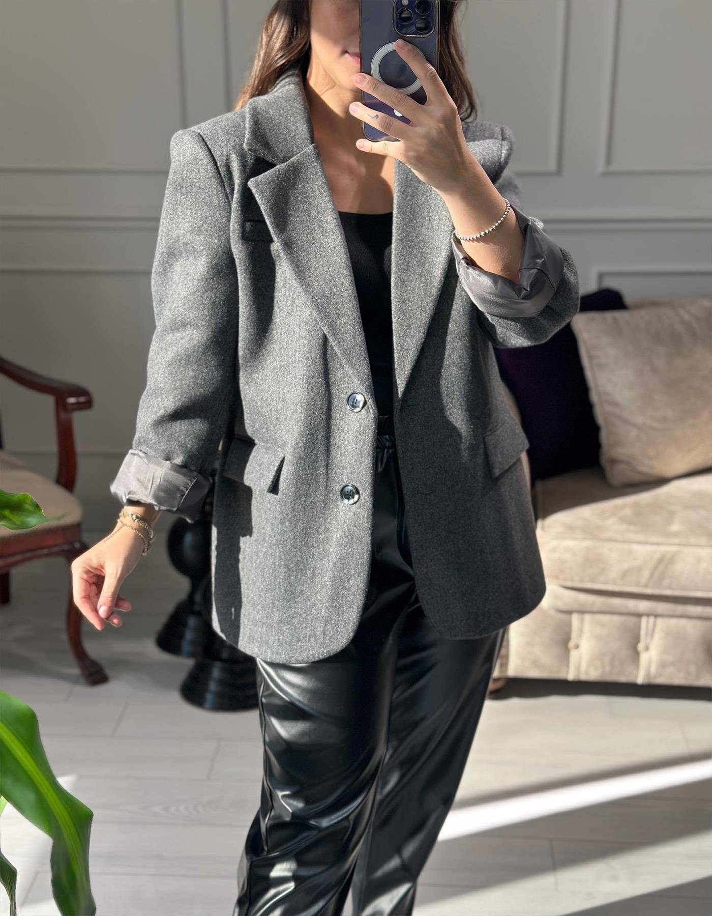 Oversize Kaşe Blazer Gri