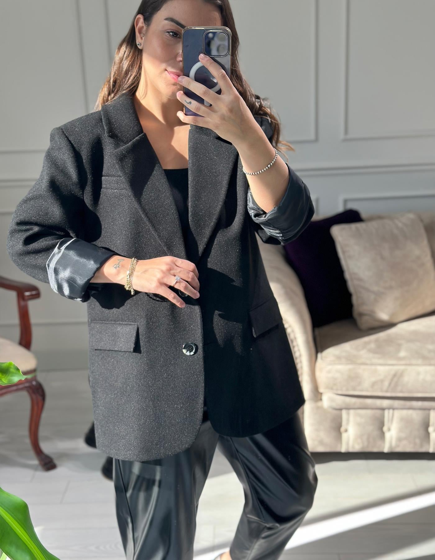 Oversize Kaşe Blazer Siyah