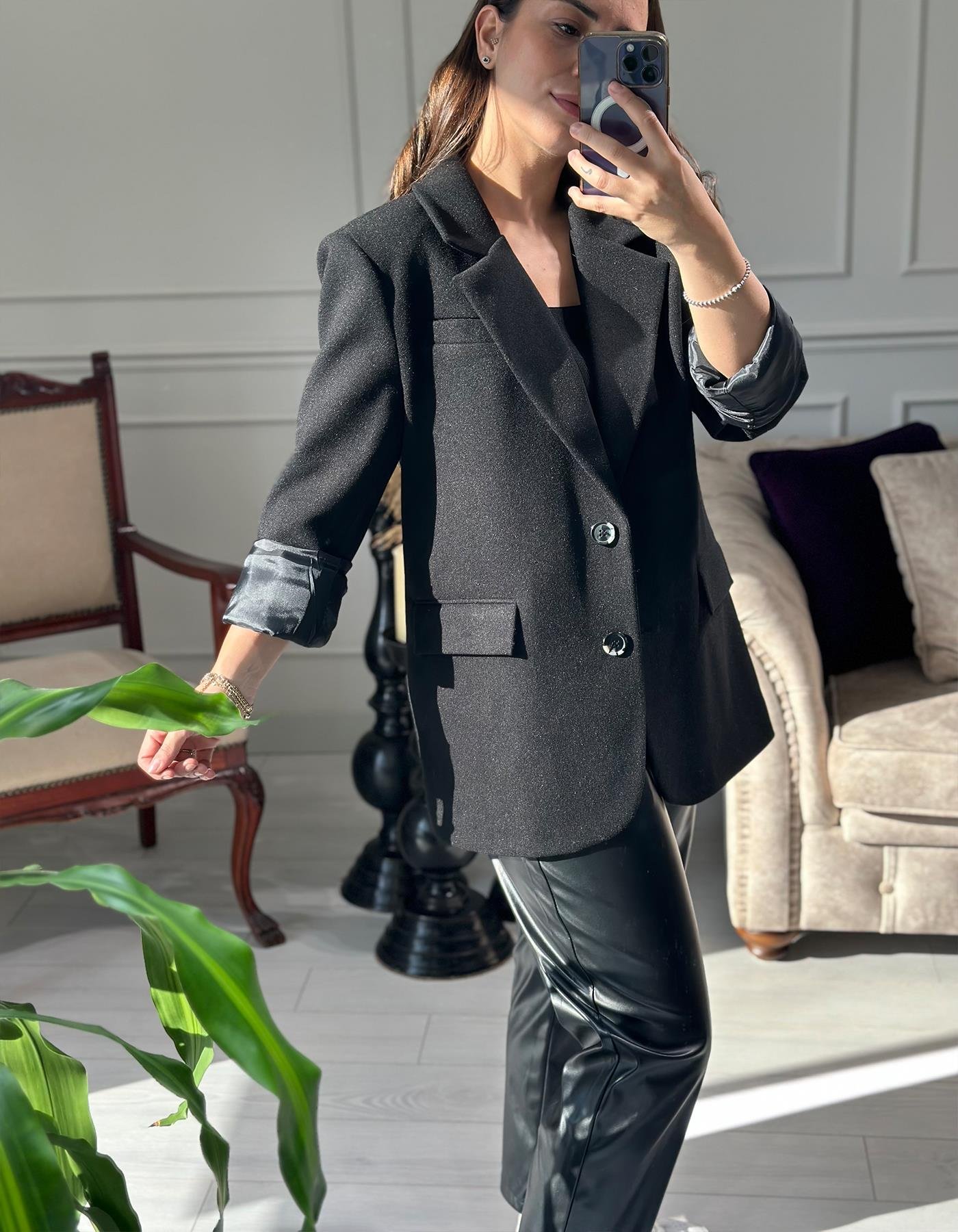 Oversize Kaşe Blazer Siyah