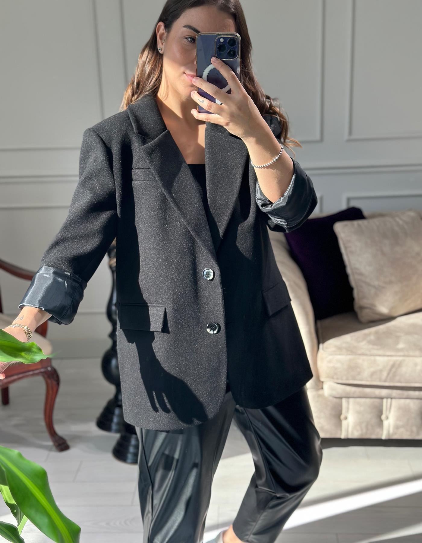 Oversize Kaşe Blazer Siyah