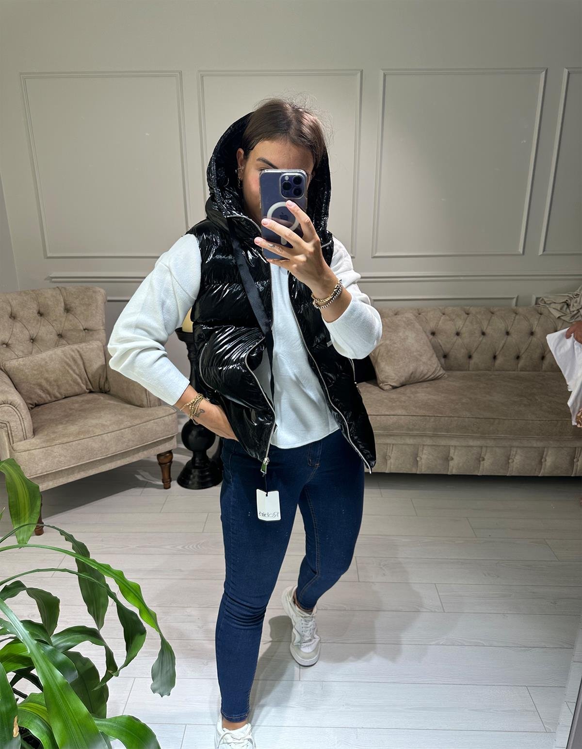 Parlak Kumaş Şişme Robin Yelek Siyah