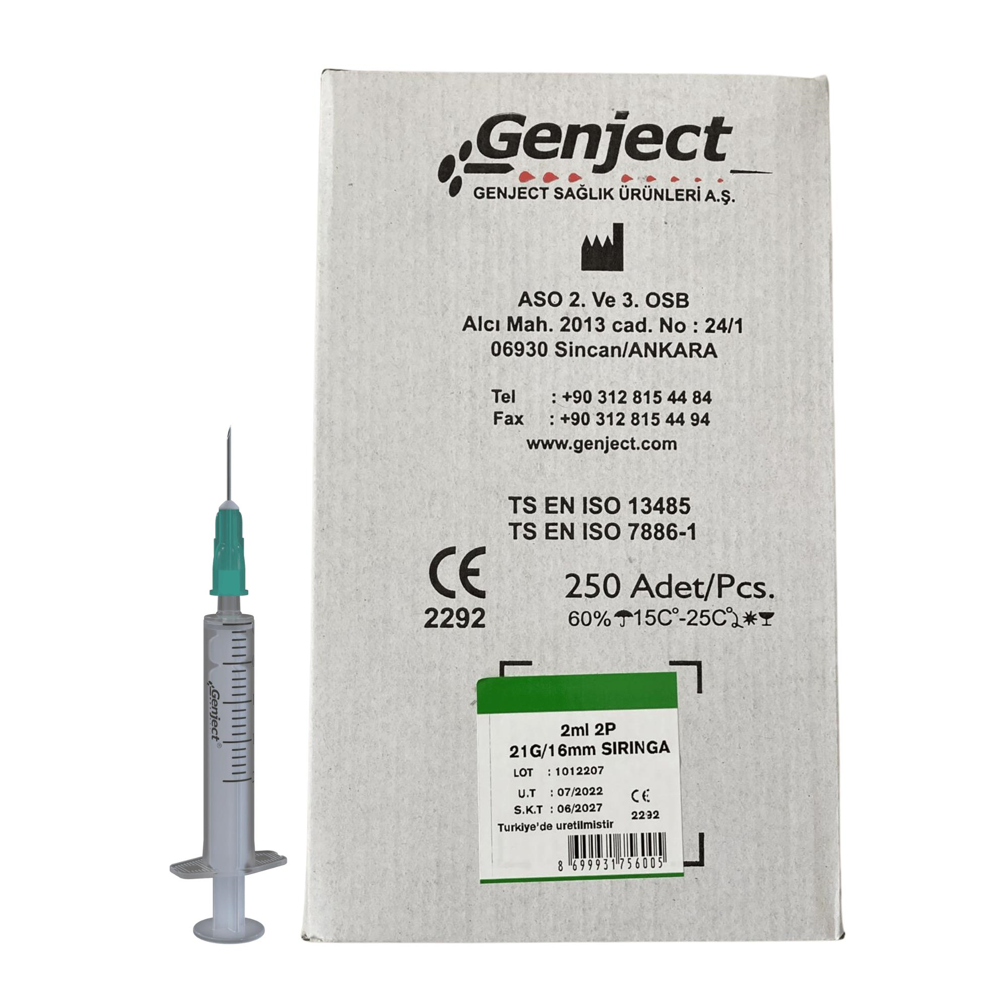 GENJECT - 2 ML 2PARÇA YEŞİL KISA İĞNELİ 16MM VETERİNER ENJEKTÖRÜ - 250 ADET