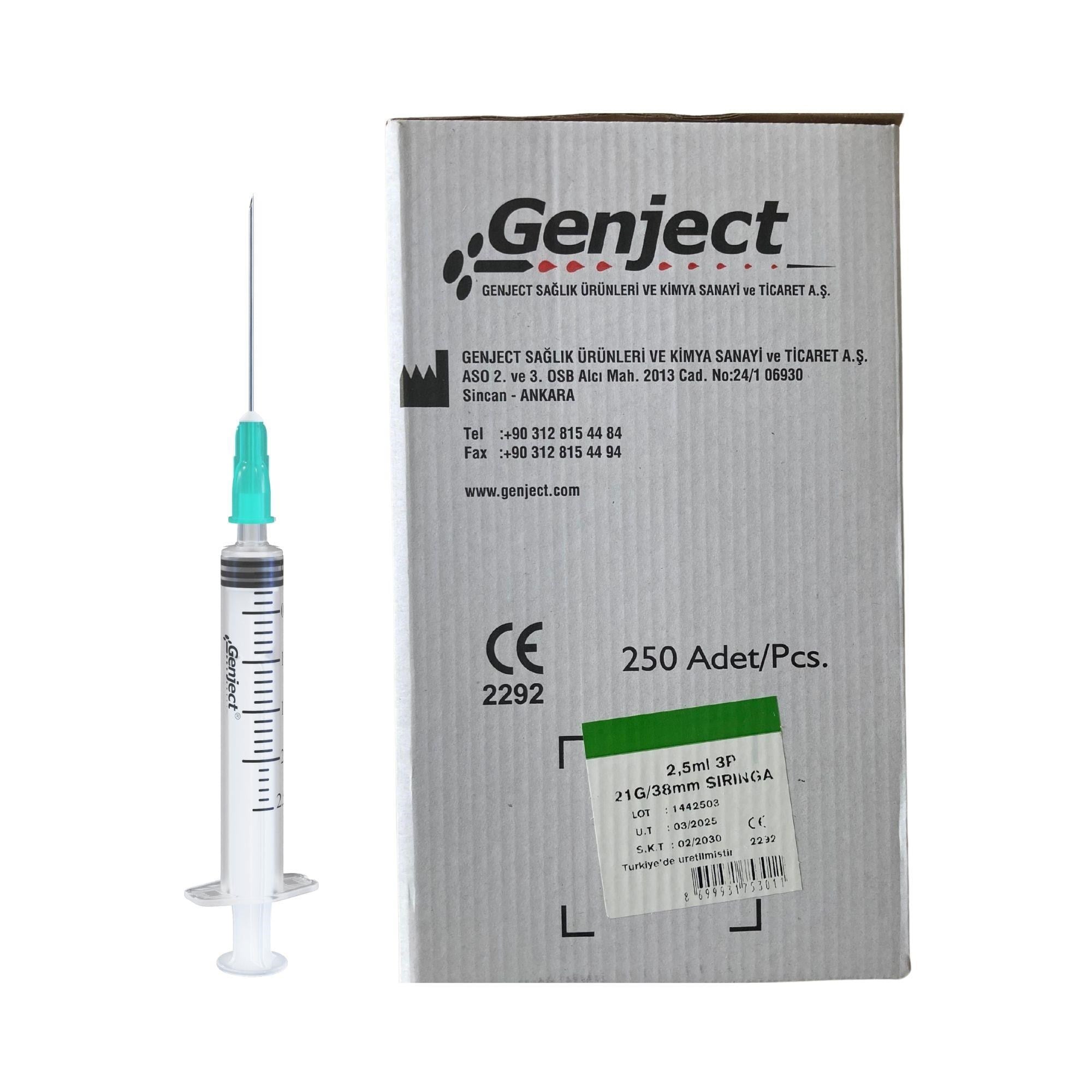 GENJECT - 2 ML 3PARÇA 21G 0.80X38MM ENJEKTÖR - 250 ADET