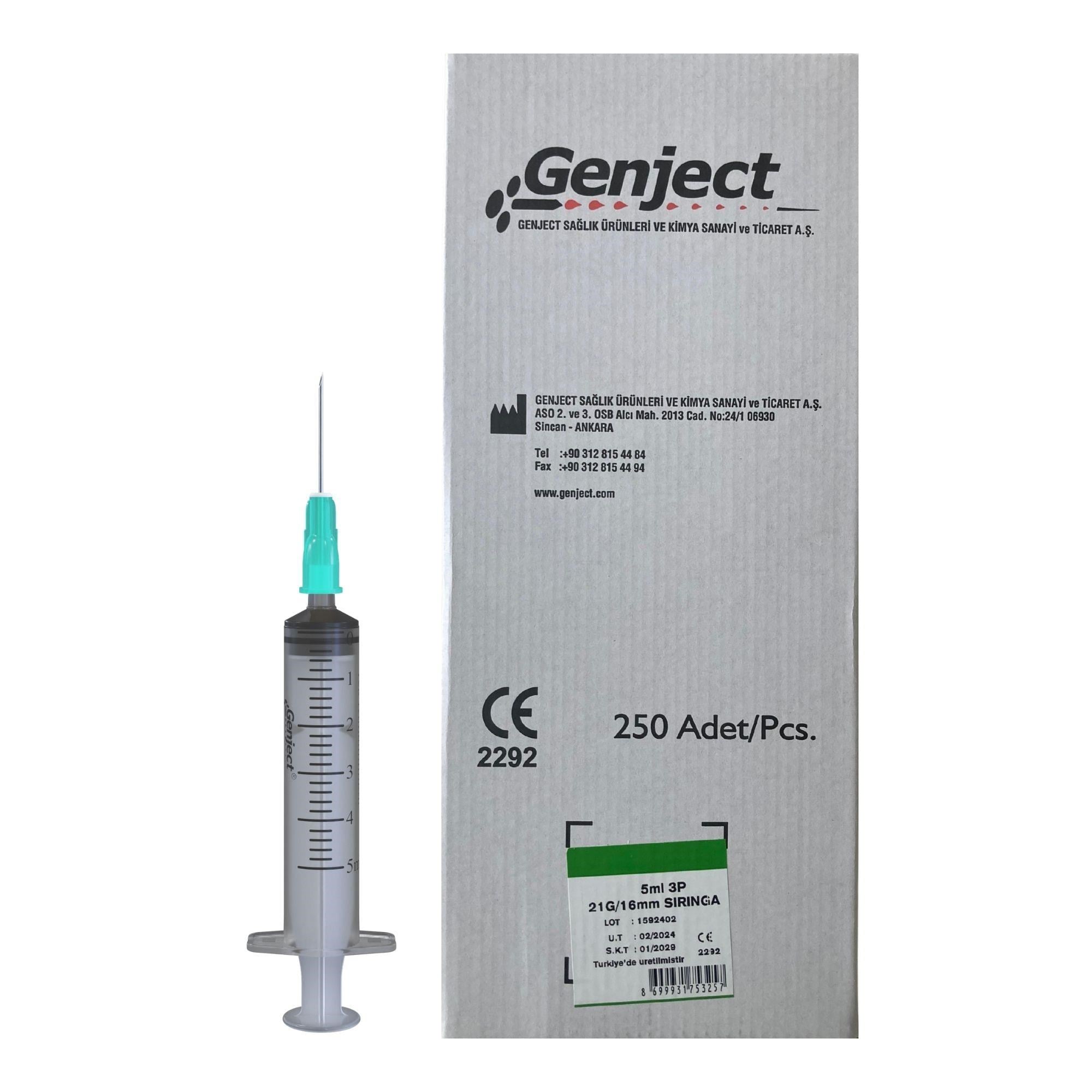 GENJECT - 5ML 3PARÇA YEŞİL KISA İĞNELİ ENJEKTÖR - 250 ADET