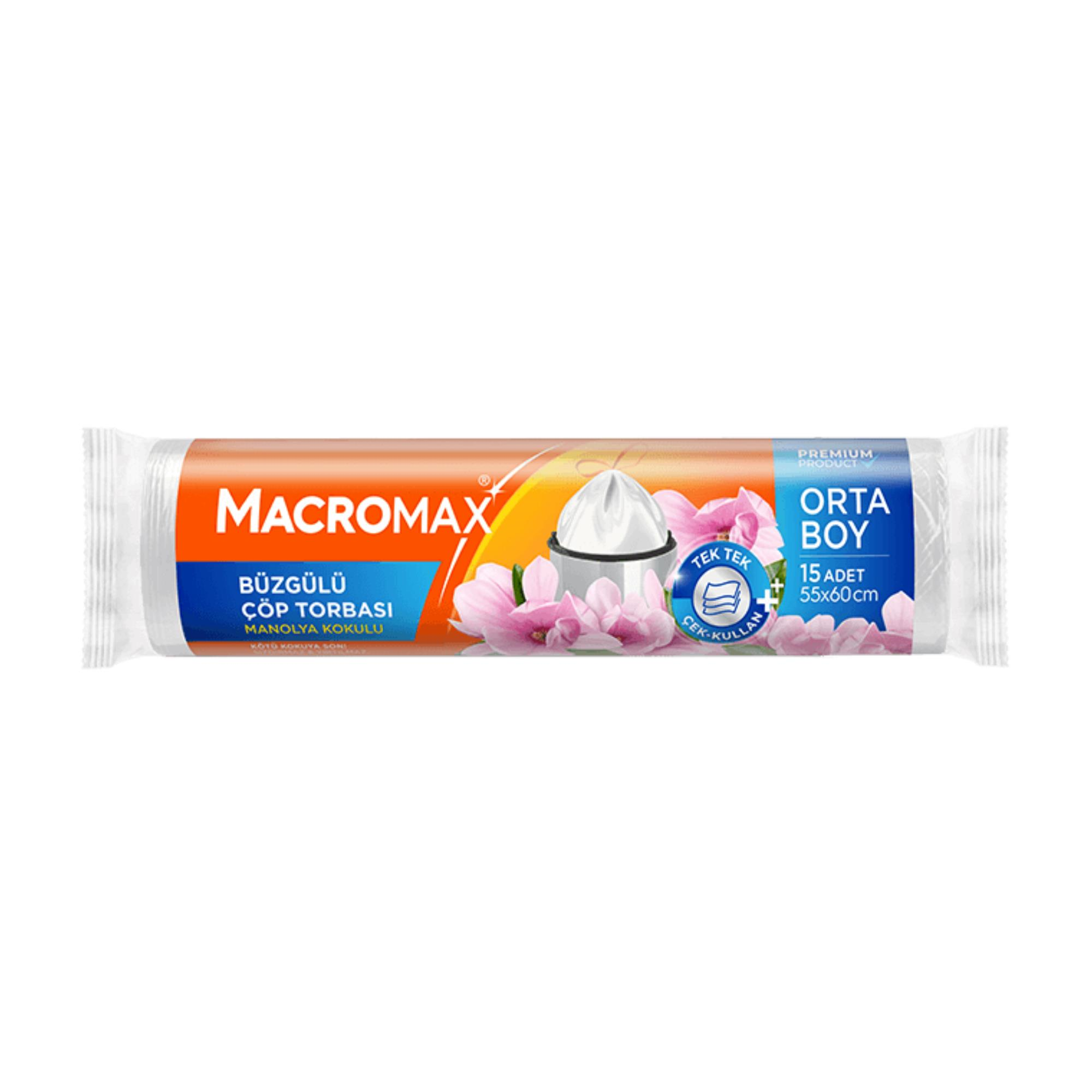 MACROMAX - ÇÖP TORBASI BÜZGÜLÜ MANOLYA KOKULU ORTA BOY 55X60 15 YAPRAK 1 RULO