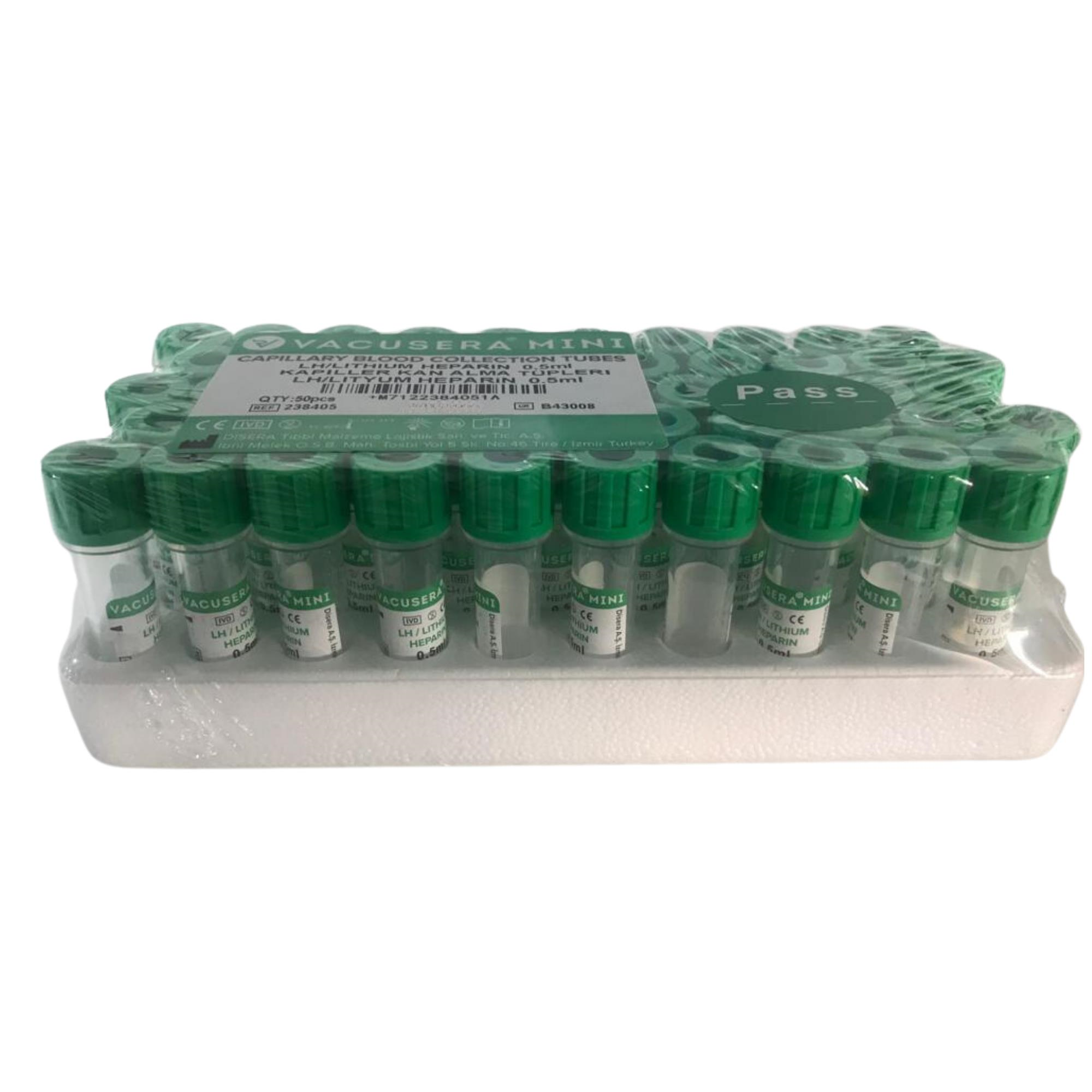 VACUSERA - KAN TÜPÜ PEDİATRİK 0.5 ML YEŞİL LİTYUM HEPARİNLİ - 50Lİ 1 PAKET