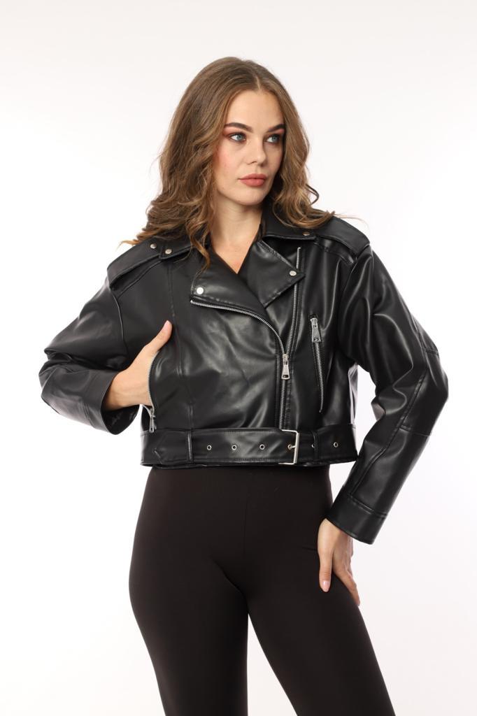 Kadın Siyah Slimfit Kemerli Deri Mont-Ceket