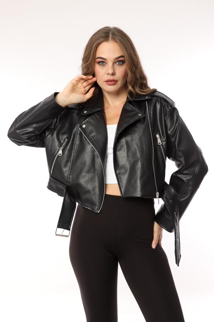 Kadın Siyah Slimfit Kemerli Deri Mont-Ceket