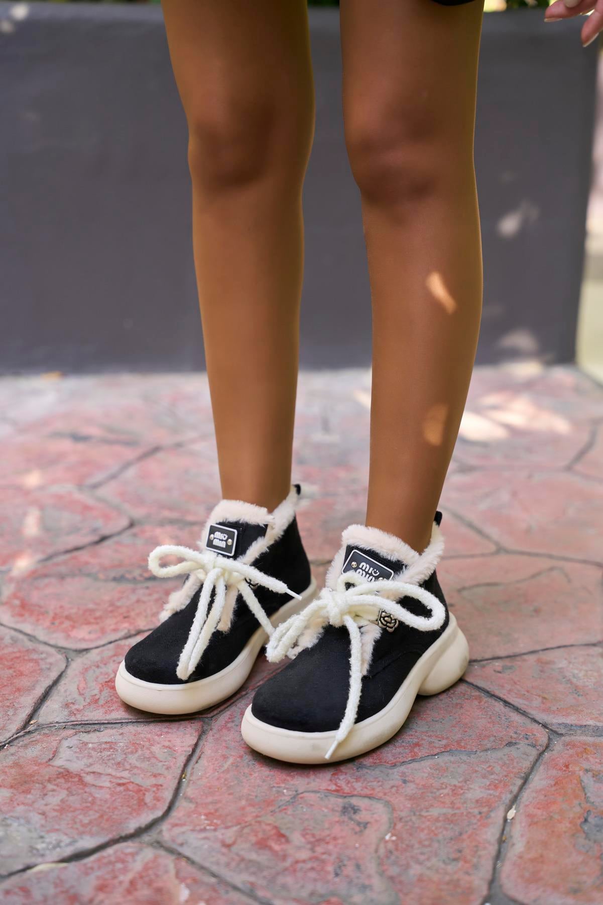 Tedi Kürklü Bağcıklı Bot Siyah