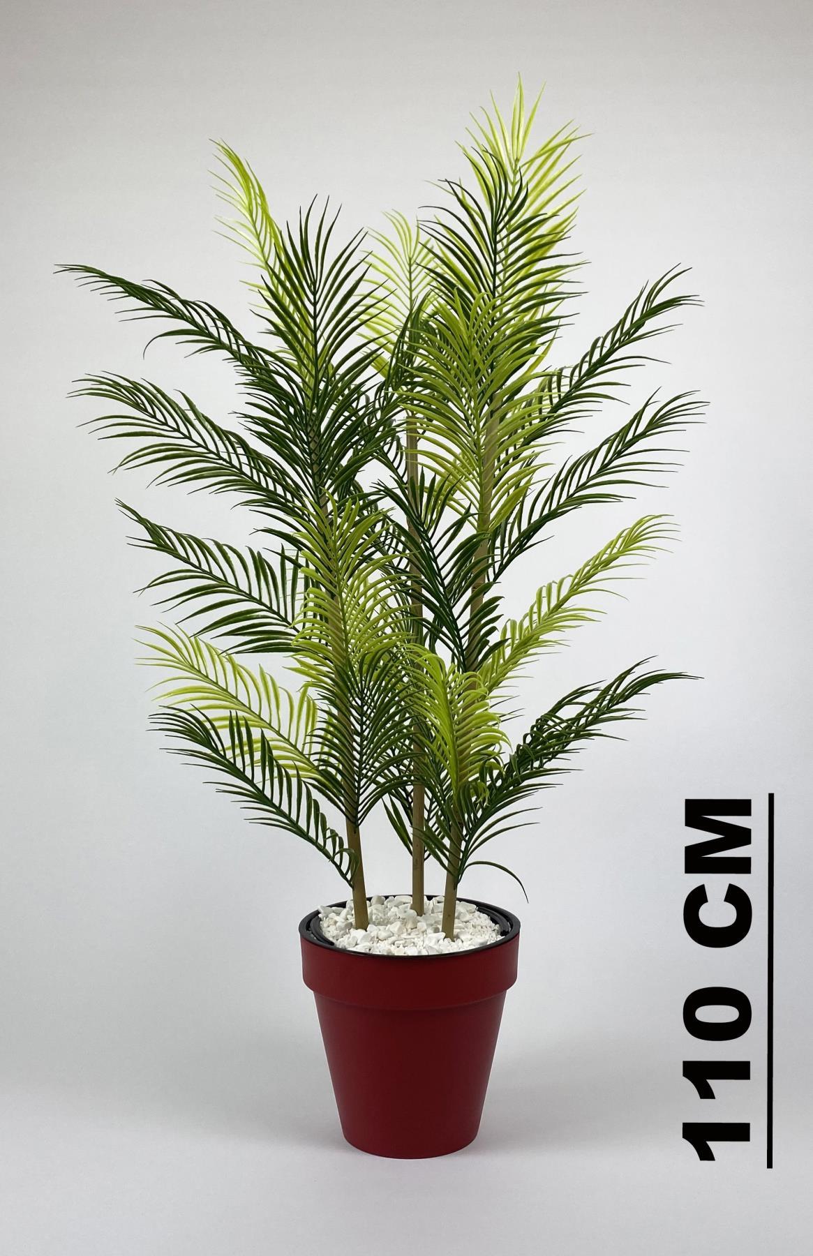 YAPAY AREKA AĞACI PALMİYE AĞACI 33 YAPRAKLI BAMBU GÖVDELİ KIRMIZI YALI SAKSIDA SALON ÇİÇEĞİ 110CM