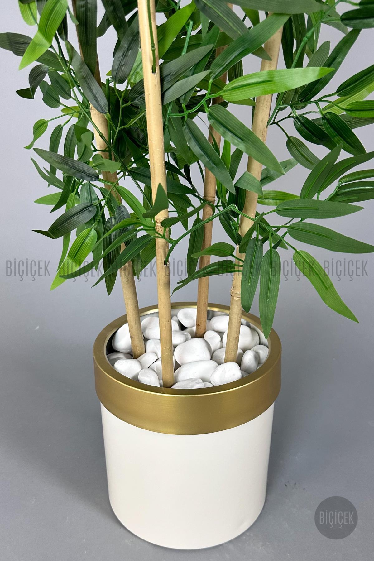 Yapay bambu ağacı 140cm krem gold metal saksıda