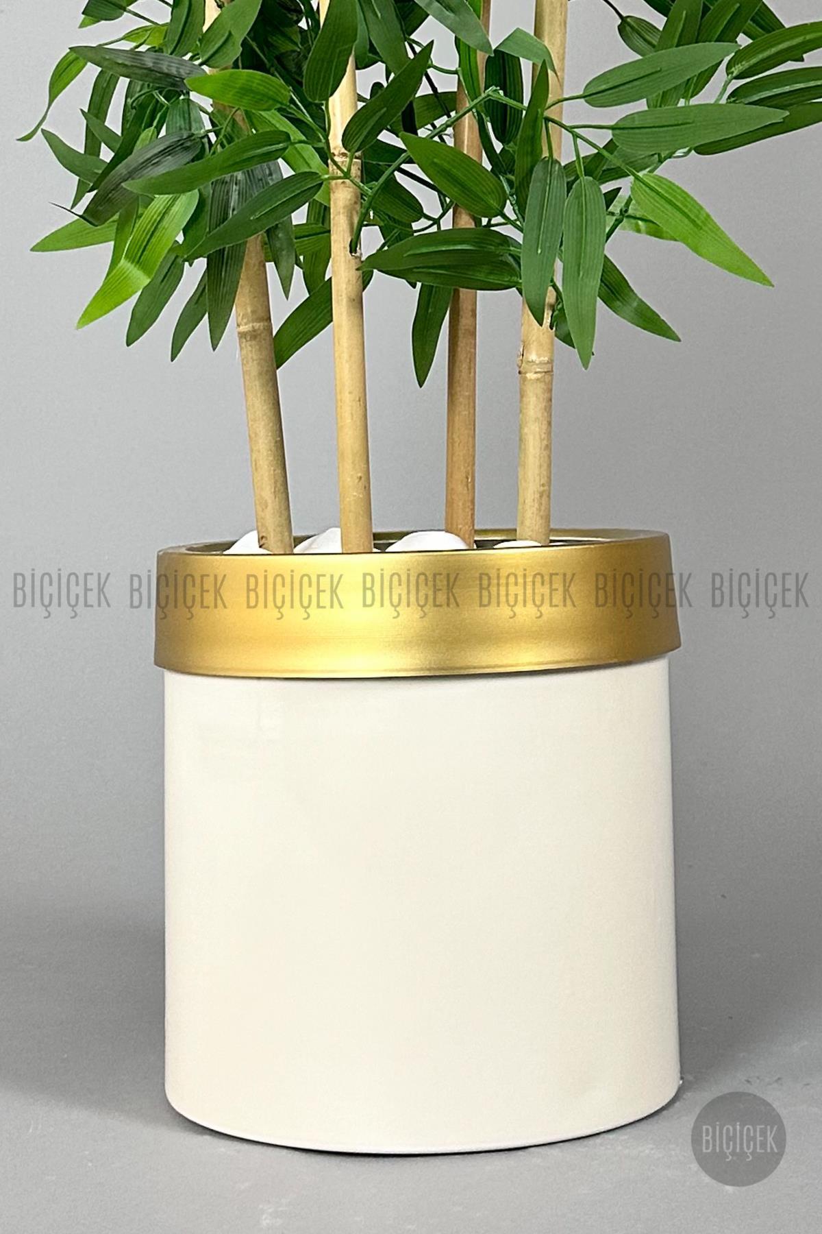 Yapay bambu ağacı 140cm krem gold metal saksıda