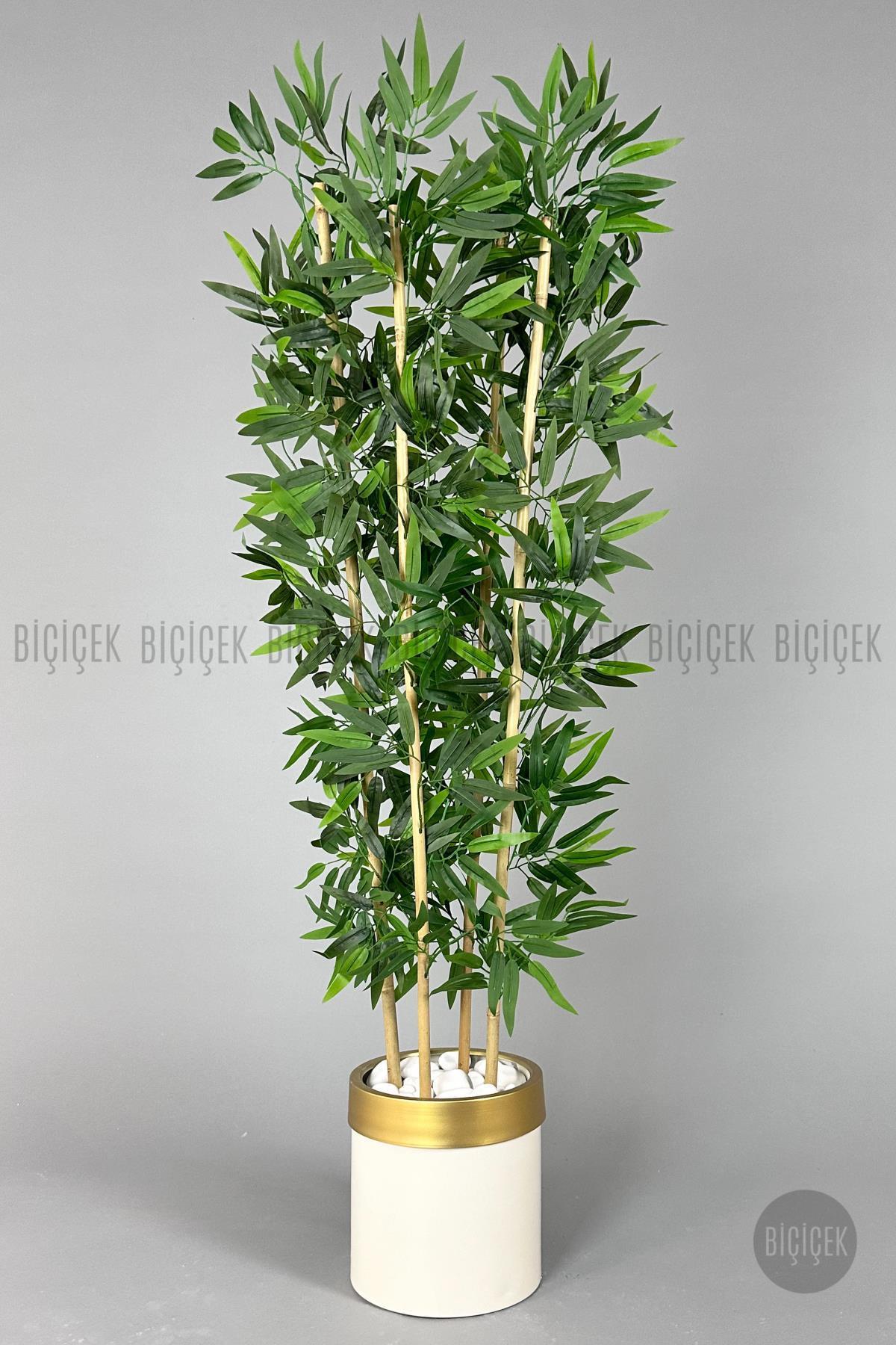 Yapay bambu ağacı 140cm krem gold metal saksıda