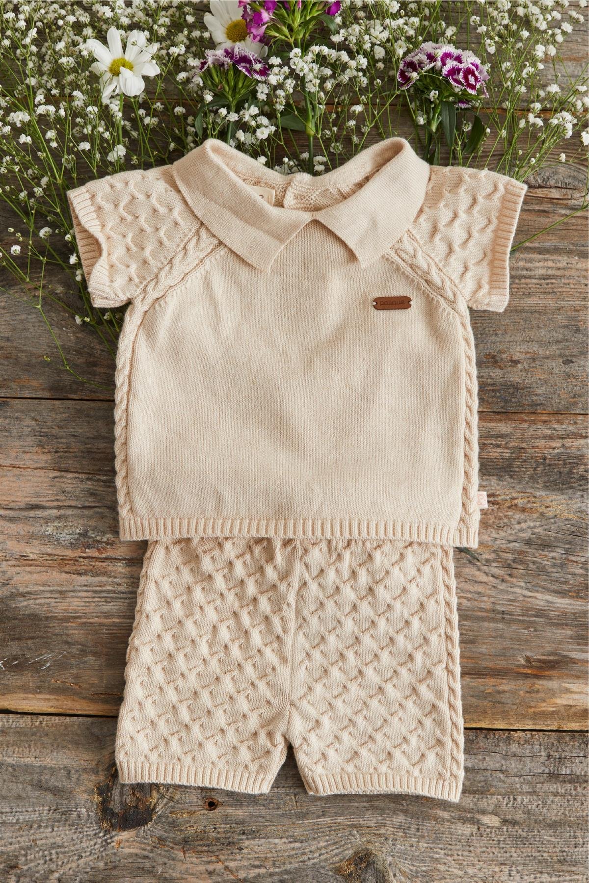 Bej Erkek Bebek Organik Pamuk Kısa Kollu Kazak Şortlu Takım   