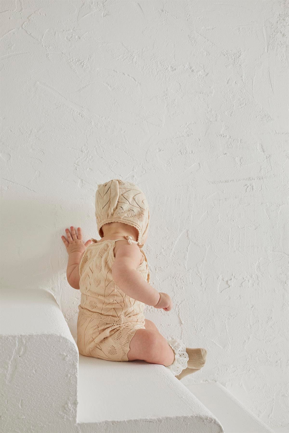 Bej Kız Bebek Ajurlu Organik Pamuk Üçlü Takım Takım