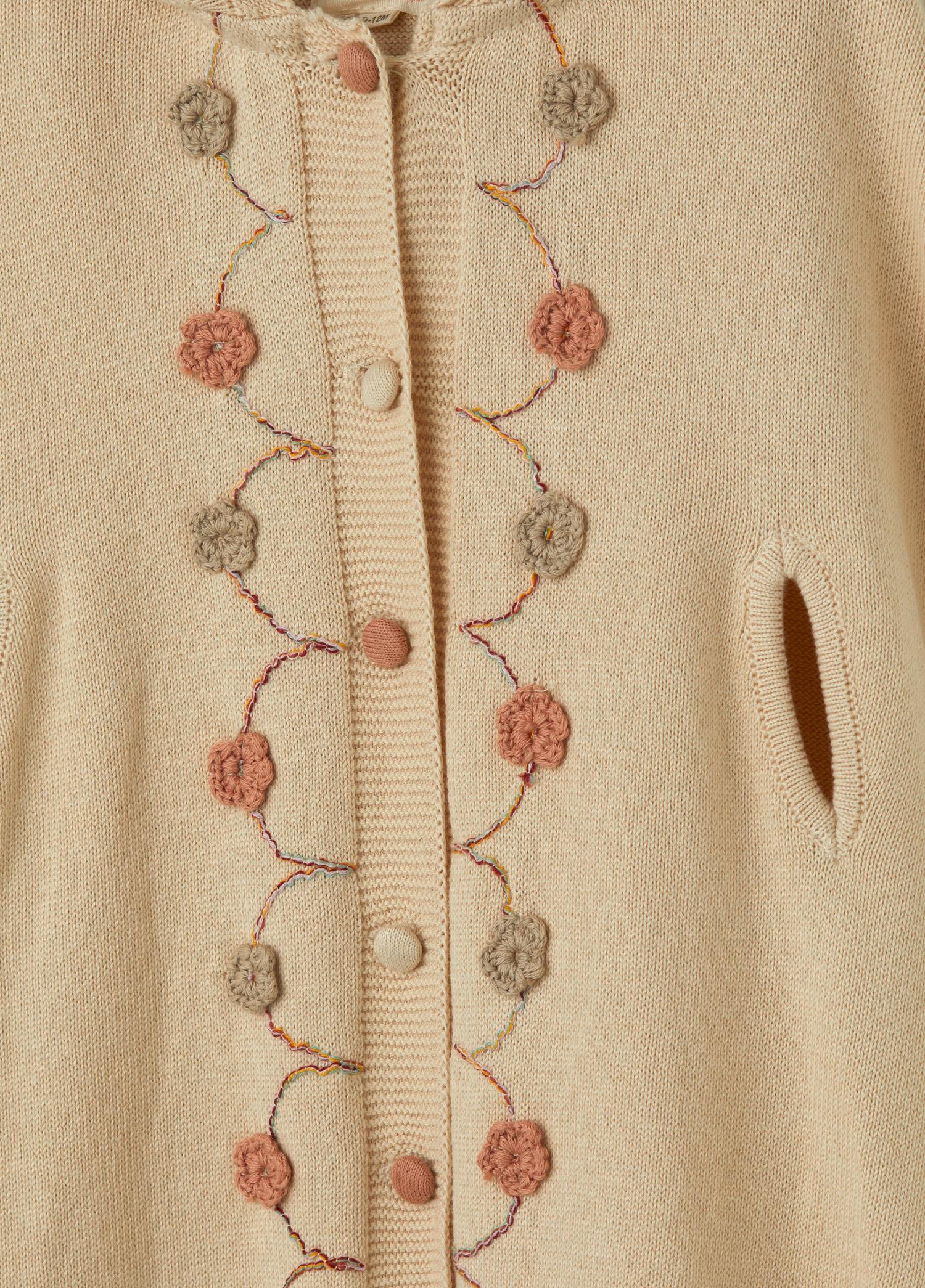 Bej Organik Pamuk Çiçek Detaylı Çocuk Panço