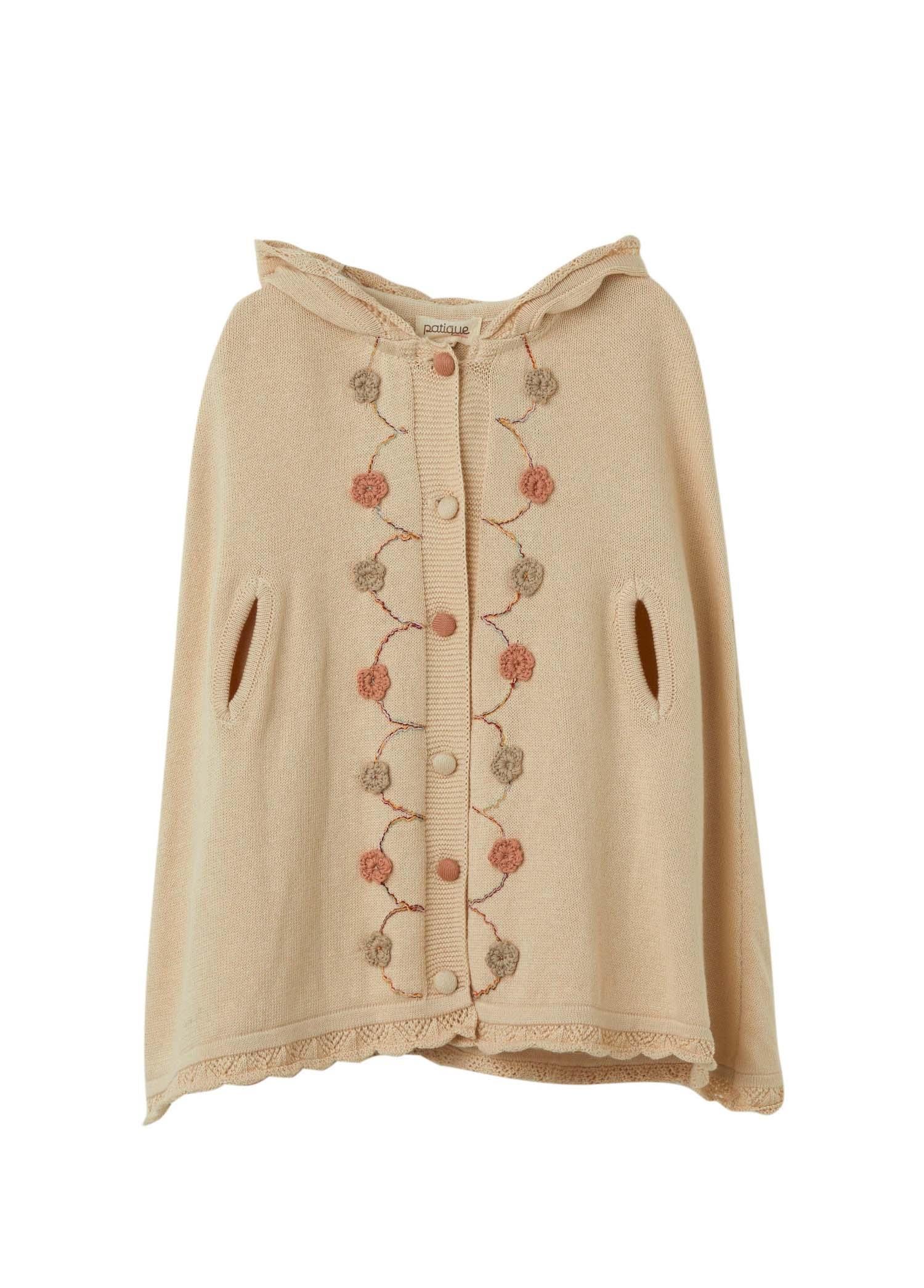 Bej Organik Pamuk Çiçek Detaylı Çocuk Panço