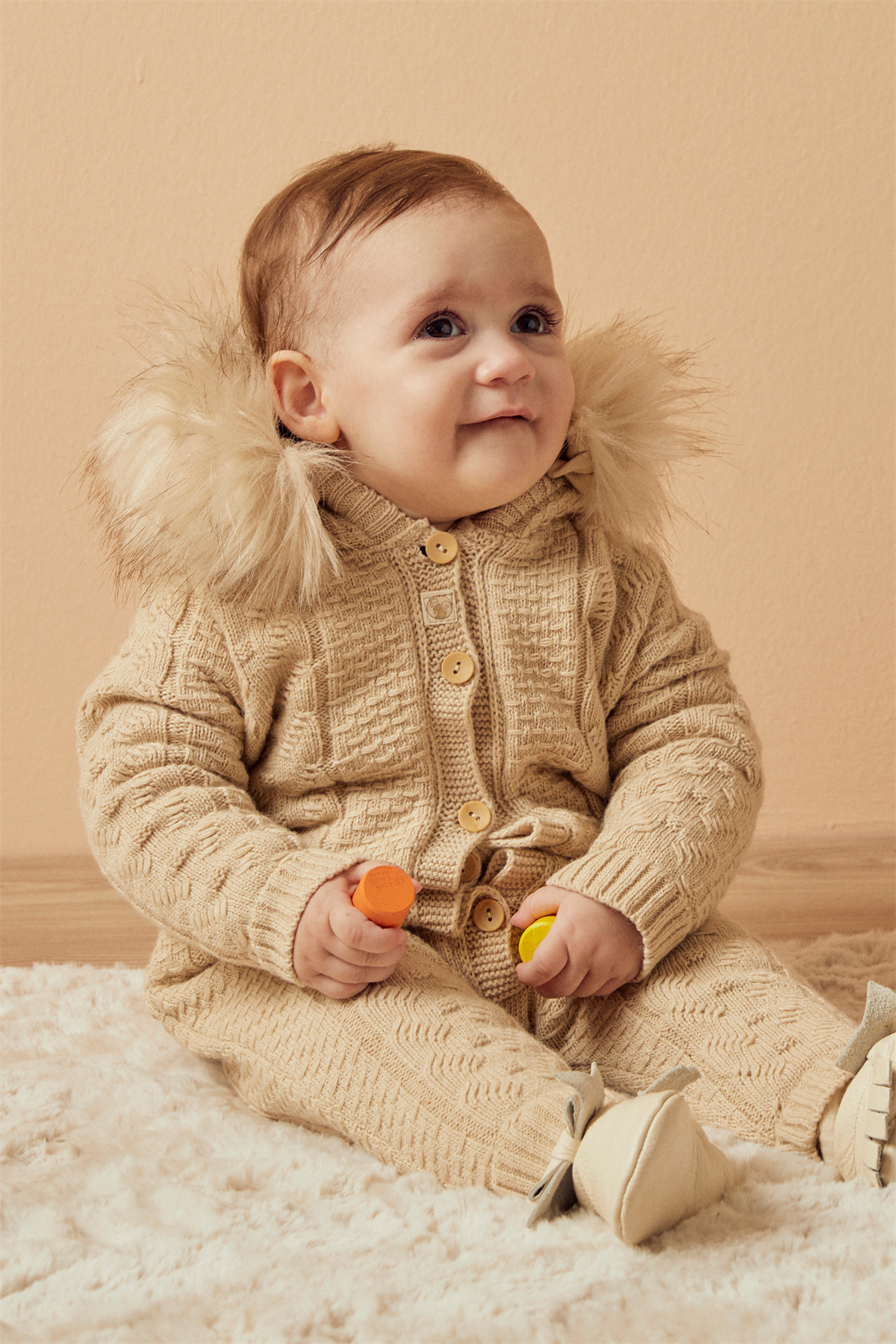 Bej Organik Pamuk Kürklü Bebek Tulum