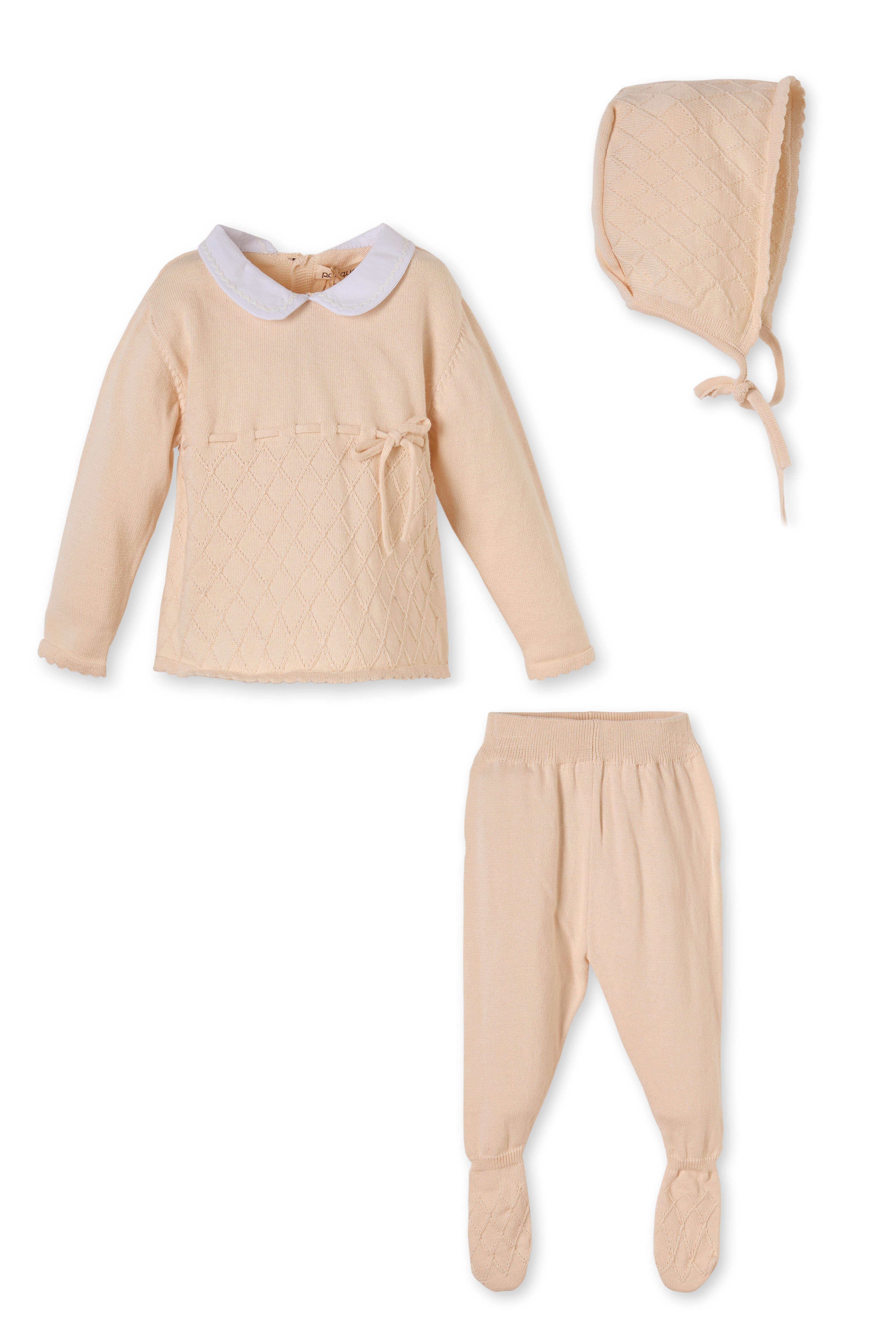 Bej Organik Pamuklu Baklava Desenli Üçlü Triko Kız Çocuk Takım