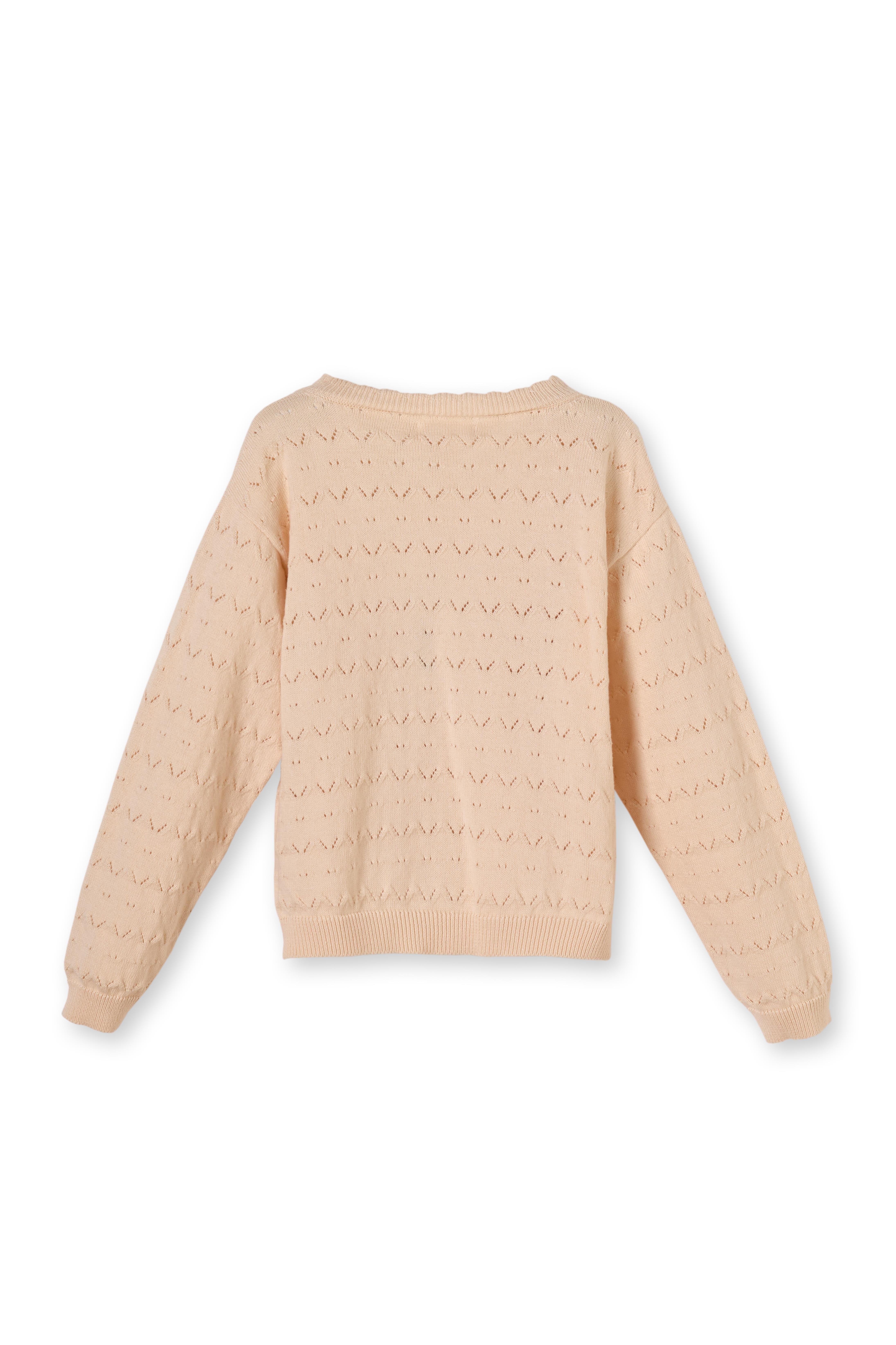 Bej Organik Pamuklu Dokuma Desenli İkili Triko Kruvaze Hırka ve Pantolon Kız Çocuk Takımı