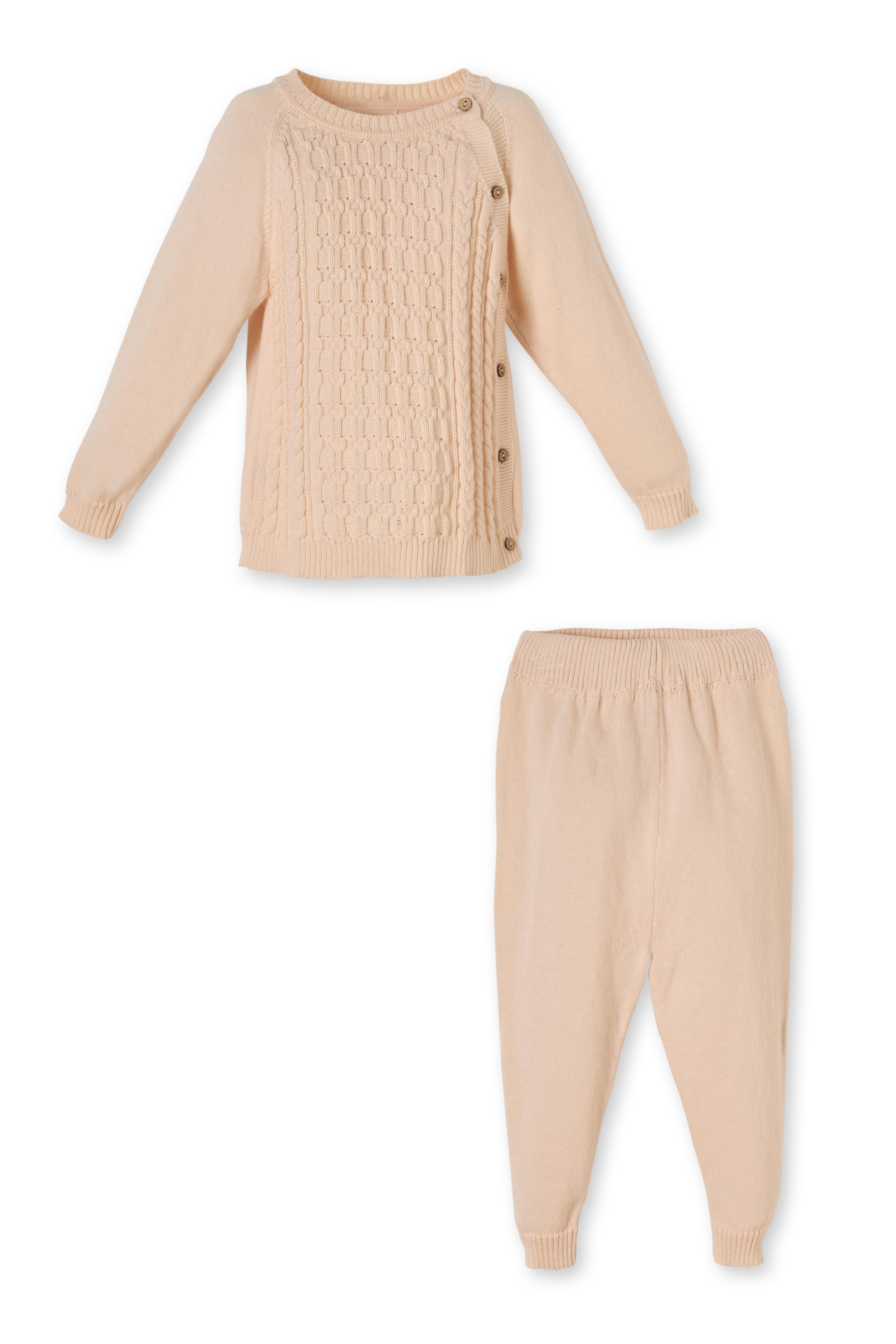 Bej Organik Pamuklu Örgü Desenli İkili Triko Erkek Çocuk Takımı