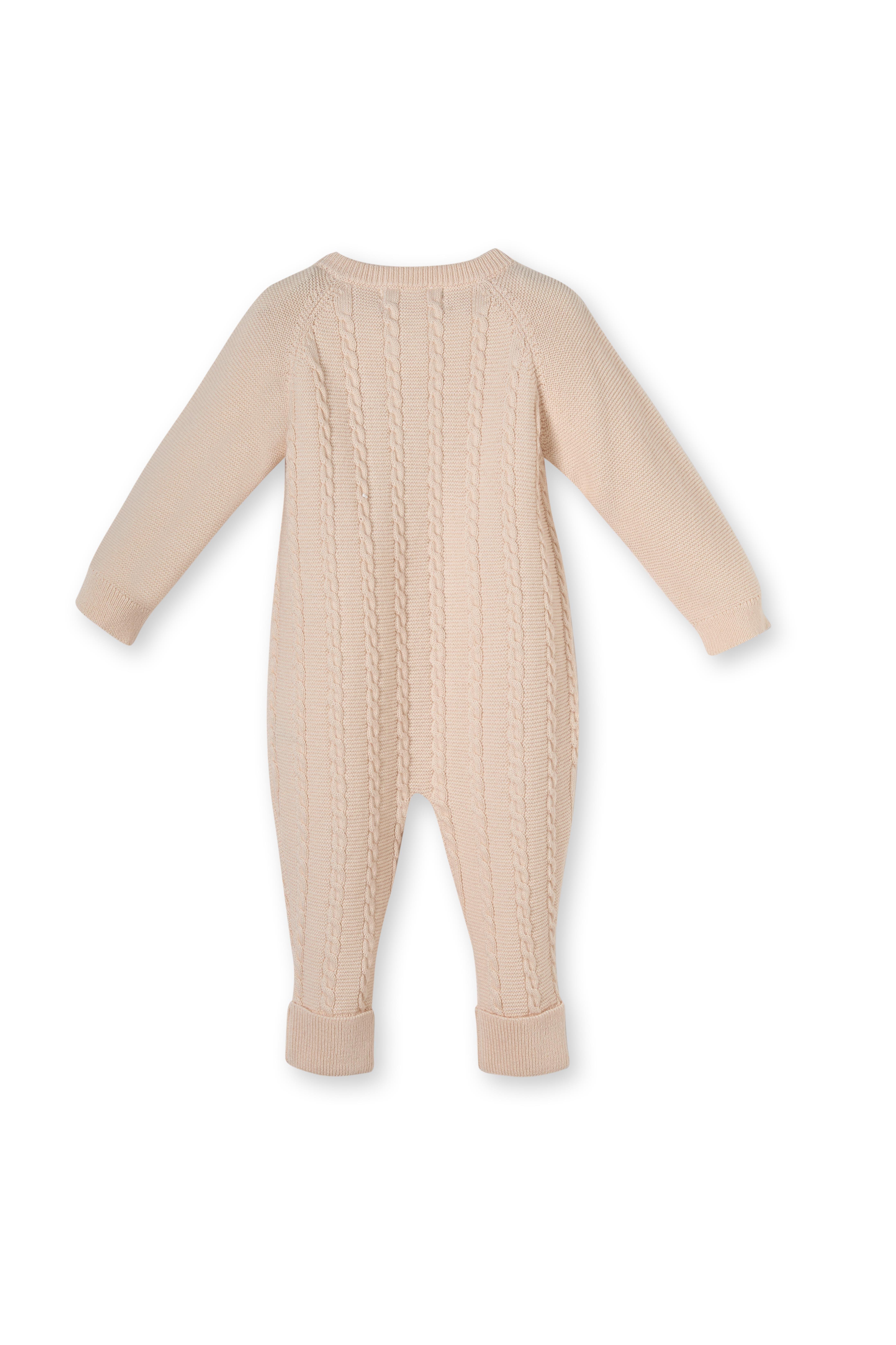 Bej Örgü Triko Organik Pamuk Yenidoğan Erkek Bebek Tulum Takımı