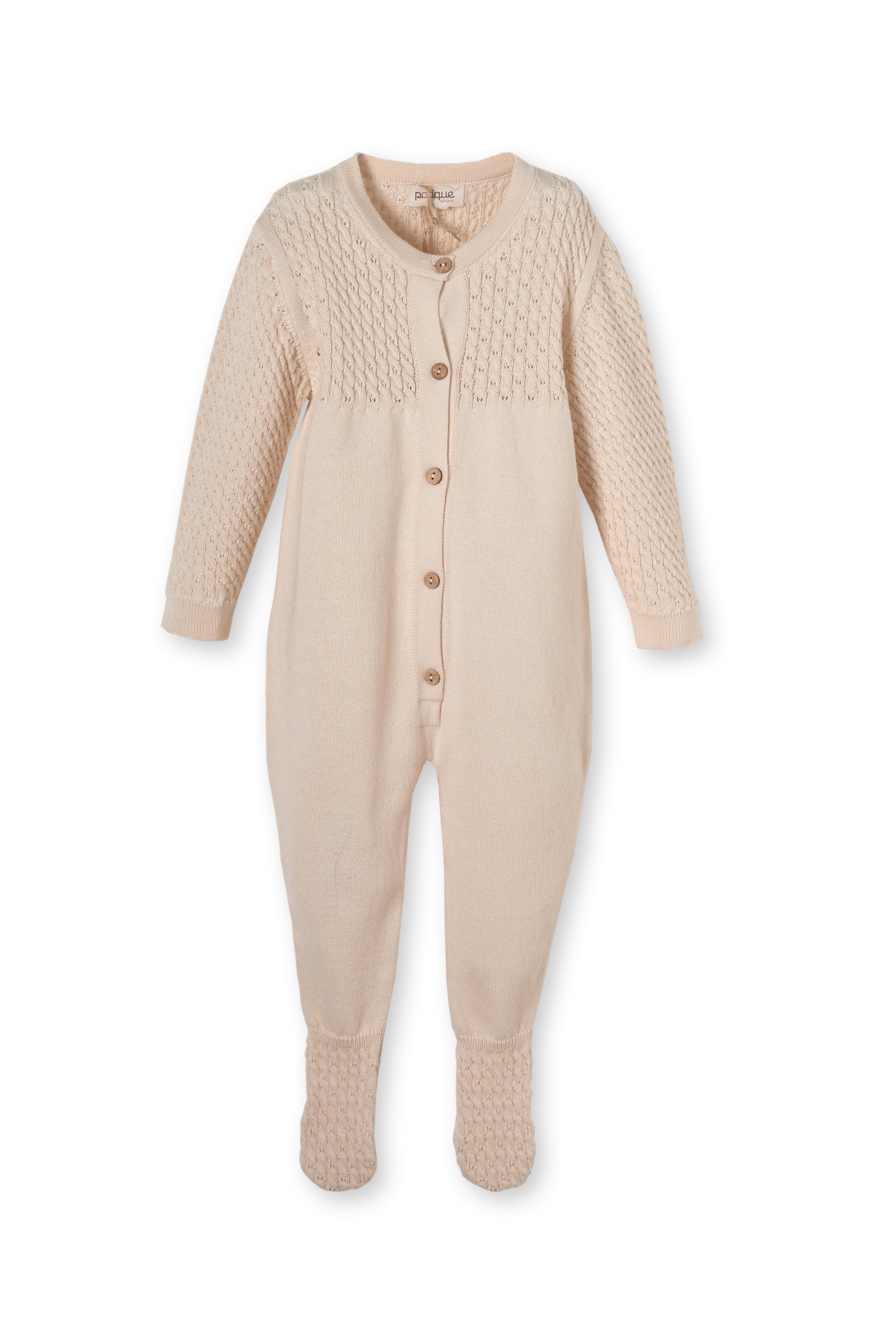 Bej Saç Örgü Düğmeli Organik Pamuk Triko Unisex Yenidoğan Bebek Tulum Takımı