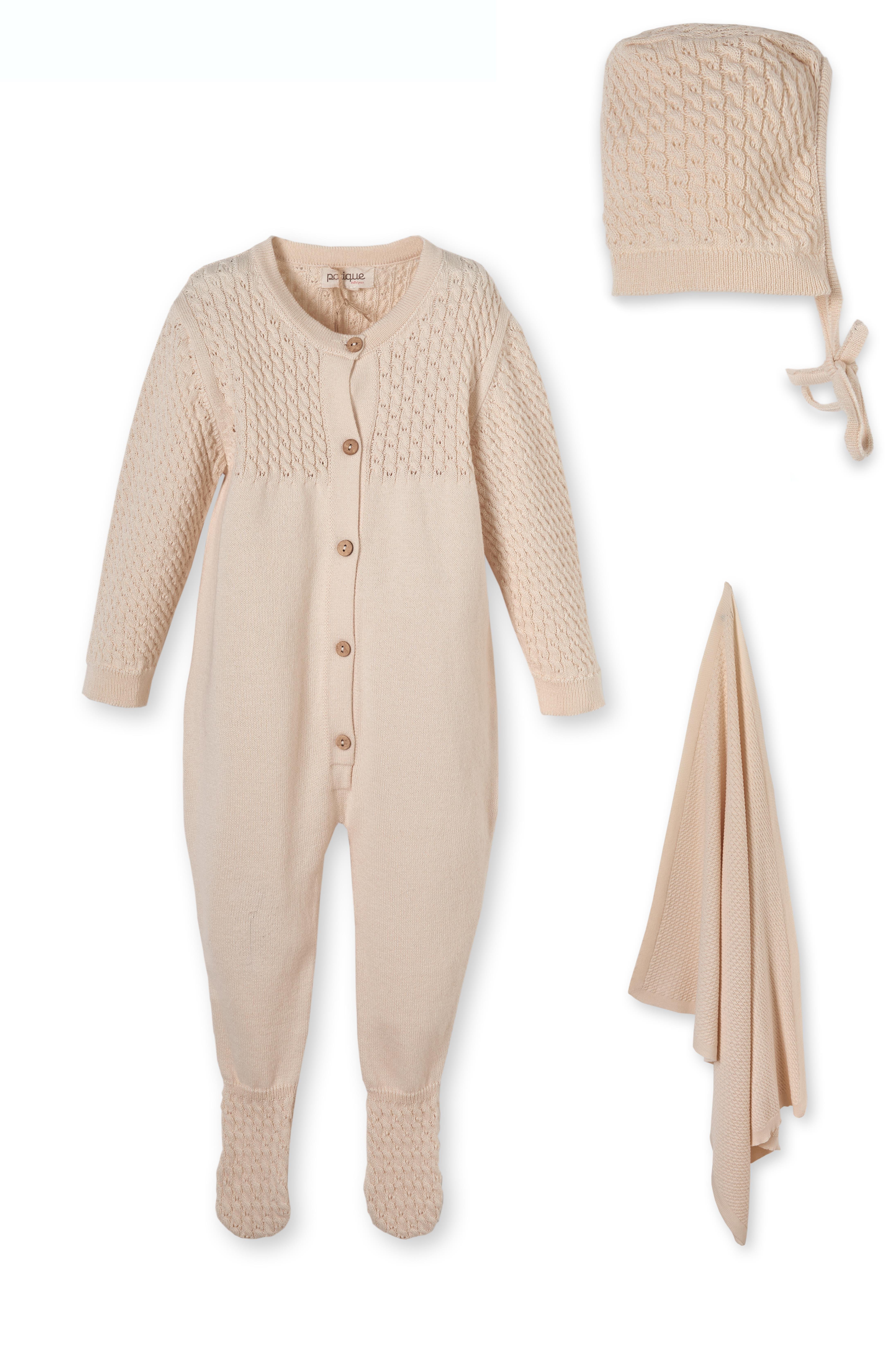 Bej Saç Örgü Düğmeli Organik Pamuk Triko Unisex Yenidoğan Bebek Tulum Takımı