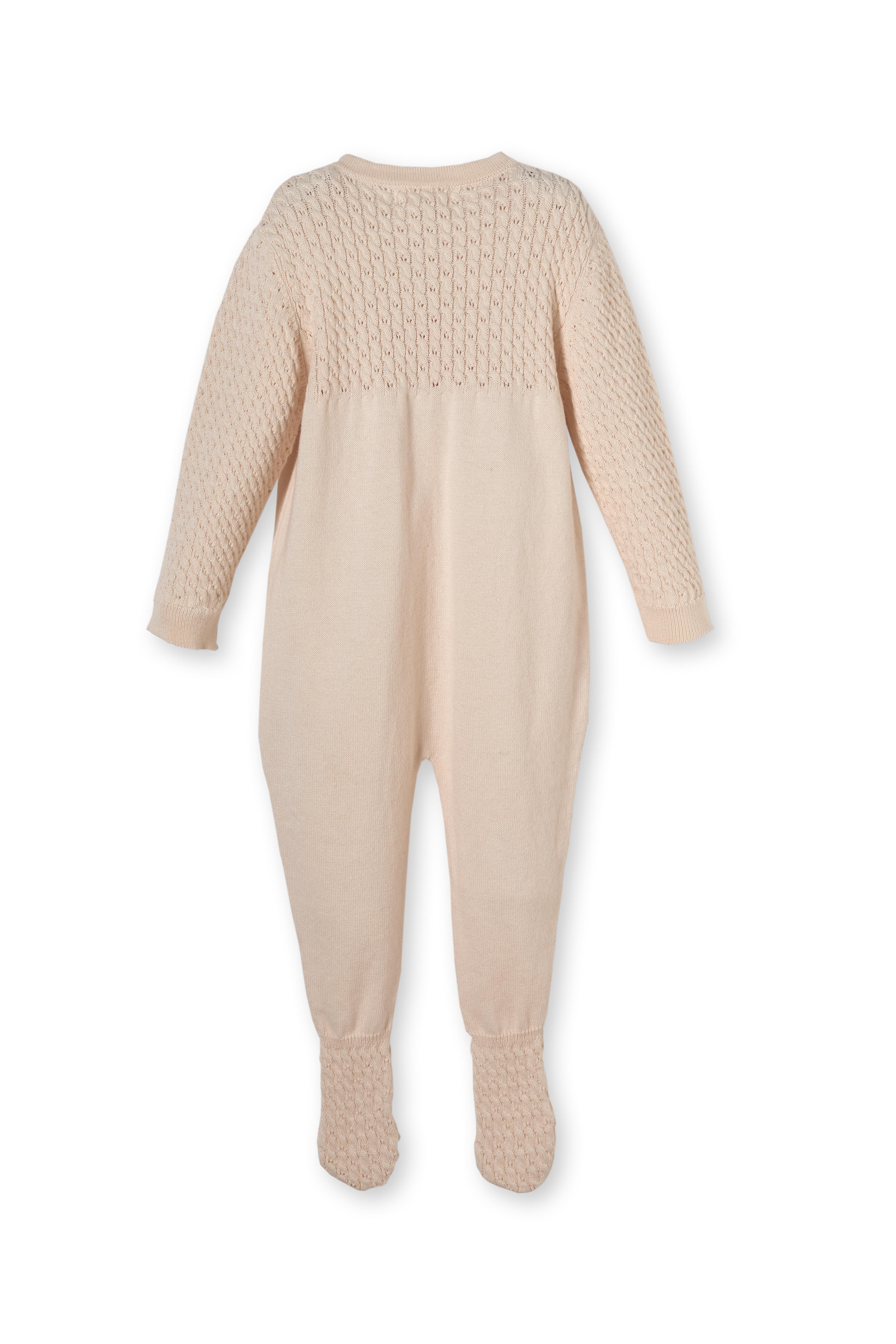 Bej Saç Örgü Düğmeli Organik Pamuk Triko Unisex Yenidoğan Bebek Tulum Takımı